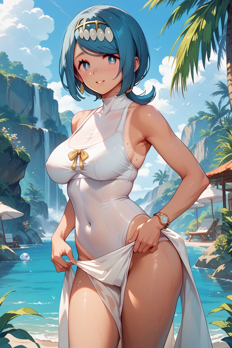 Nobara jujutsu kaisen with a wet white dress showing part of her breasts and part of her tight ass, highlighting the curves of her body ( small waist and big breasts and ass)