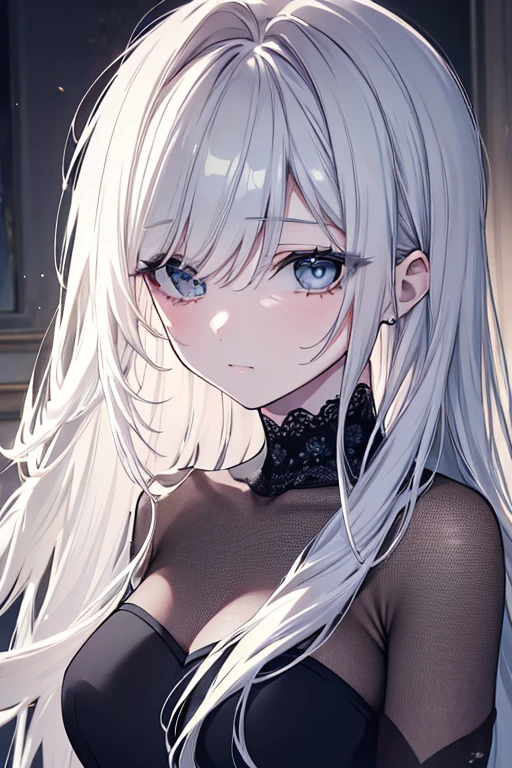 masutepiece, Highest Quality, (Perfect face:1.1), (high detailing:1.1), (ultradetailed eyes), Dramatic, superfine illustration, Extremely detailed, 1girl in, teenager,(pale skin), long white hair, Ethereal eyes, Blue eyes,blush,Solo,Smile, Happy, Laugh, Enjoy, Open mouth, Pouty lips,Cinematic lighting,looking at viewer,upper body,negligee,indoor,living room,night,all fours,on the bed