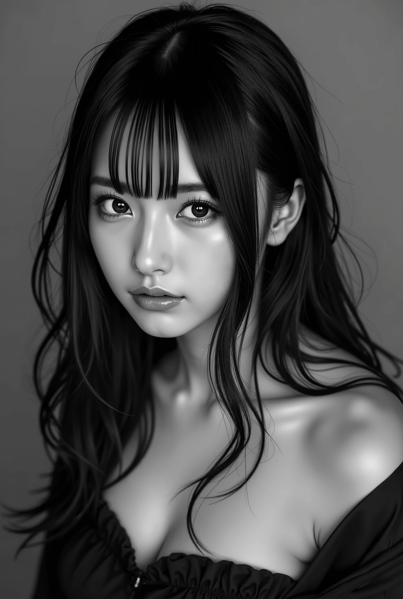 An Award-Winning Masterpiece for Playboy magazine, a Sensual, Sexy, Desirable, Hot, silvertone look of a portrait of natural beauty showing meaningful emotion looking down, the farewell, longing expression, black and white, high-quality photograph ((metallic ominous war))) [in the style of Anna Razumovskaya and Clovis Trouille:0.4] ral-dissolve, surrealism fantasy, with a Maximalist Style. figure complète hyperréaliste, vetement style musique electronique, ultraRéaliste, hypermaximaliste,

