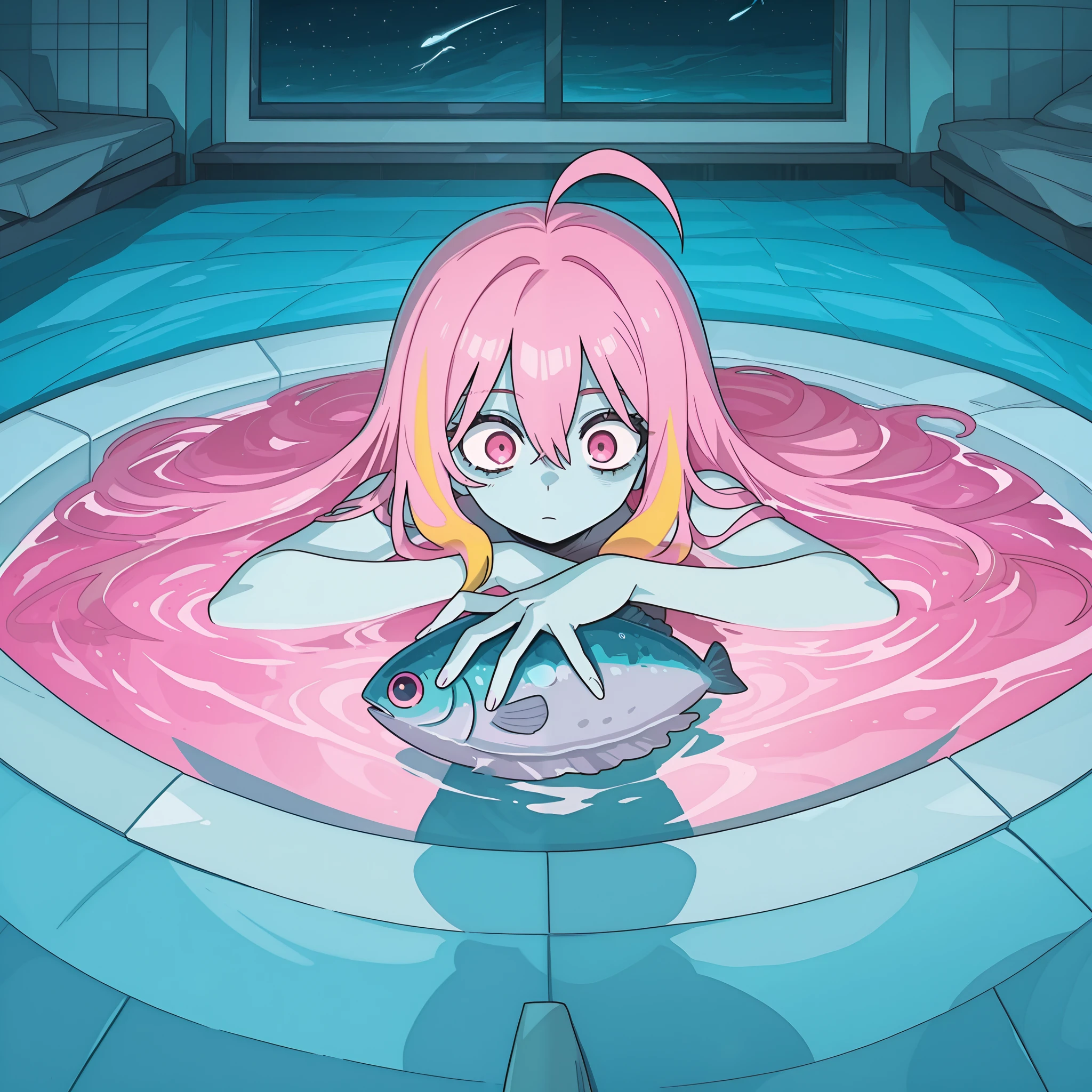 masterpiece, best quality, amazing quality, high resolution, ultra-detailed, absurdres, newest, Anime screencap, highly detailed, high quality, hyper-Detailed, mistico_ILL. BREAK. She has short pink hair with yellow streaks, an ahoge and pink eyes. Her companion is Dr. Fish, a floating robotic fish.