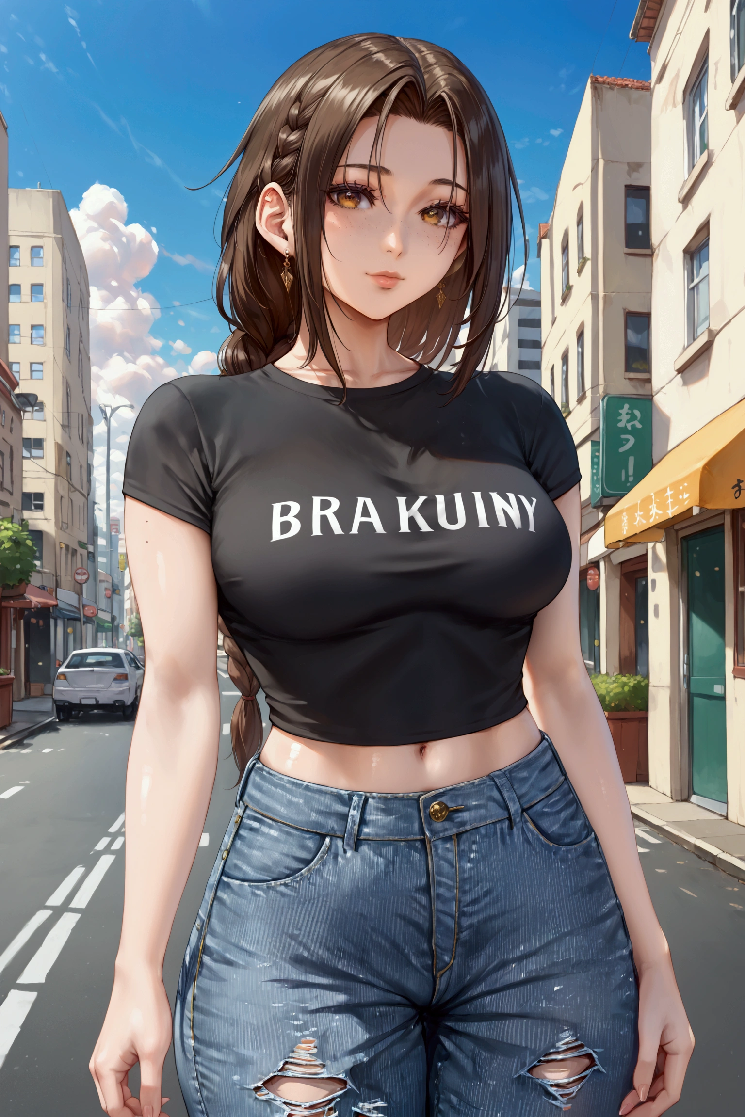 Create a portrait of a beautiful voluptuous black elven woman, with braided black hair, hazel eyes, beautiful detailed face, large_breasts, ample hips, insanely detailed accentuated big booty, thick_thighs, wearing black t-shirt and tight jeans, cowboy_shot, beautiful and aesthetic, urban atmosphere, extremely detailed 