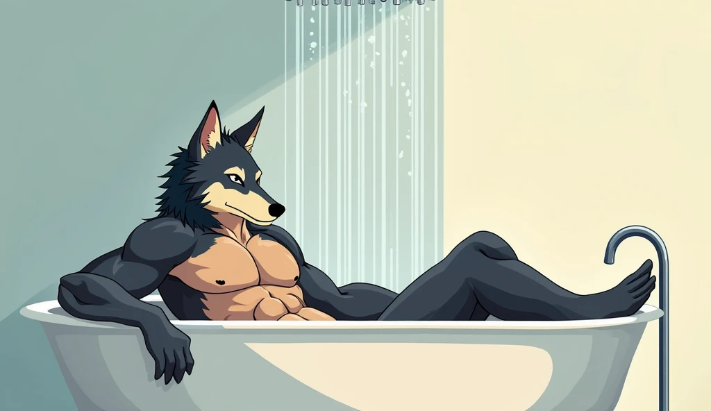 Wolf boy, young style, , naked, erection, spasm, shaking, trembling, quivering, trembling, writhing, nipples, anime style, alone, intense, whole body, sweaty, spasmodic orgasm, visible back, visible penis, visible stomach, feeling, full color, shower room, dynamic angle, furry, grey fur, beastman, furry, tail, arching back, , back view, finger in anus