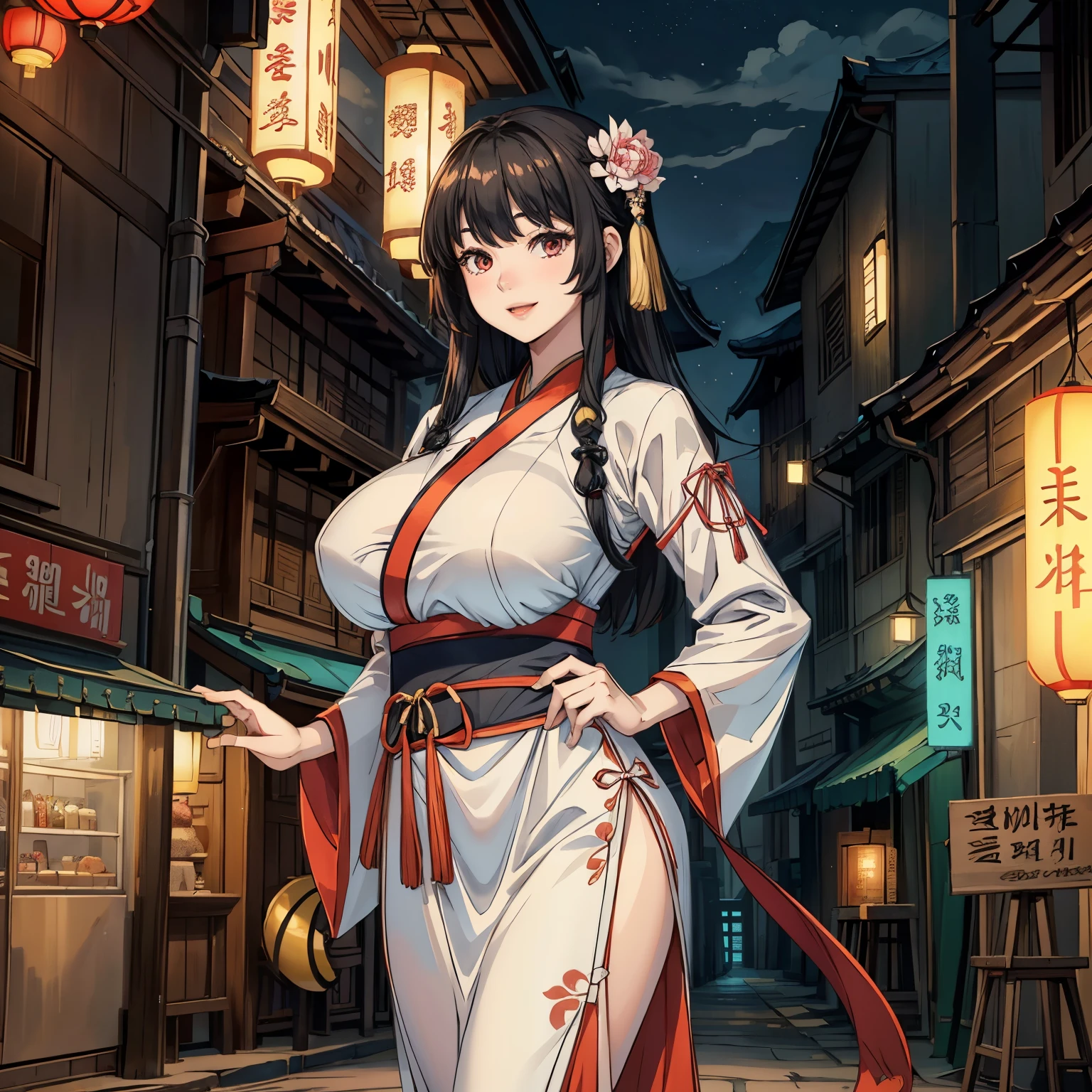 Photographed at a night festival,Show the whole body,Show your whole body,One Woman,Yor Forger,Yorubriarata, bangs, (Red eyes:1.5), Black Hair,Medium Hair,Let the hair hang down on the sides, Flower Hair Ornaments,Big Breasts,Cleavage,Cleavageを見せる,yukata,花柄のyukata,Show the whole body