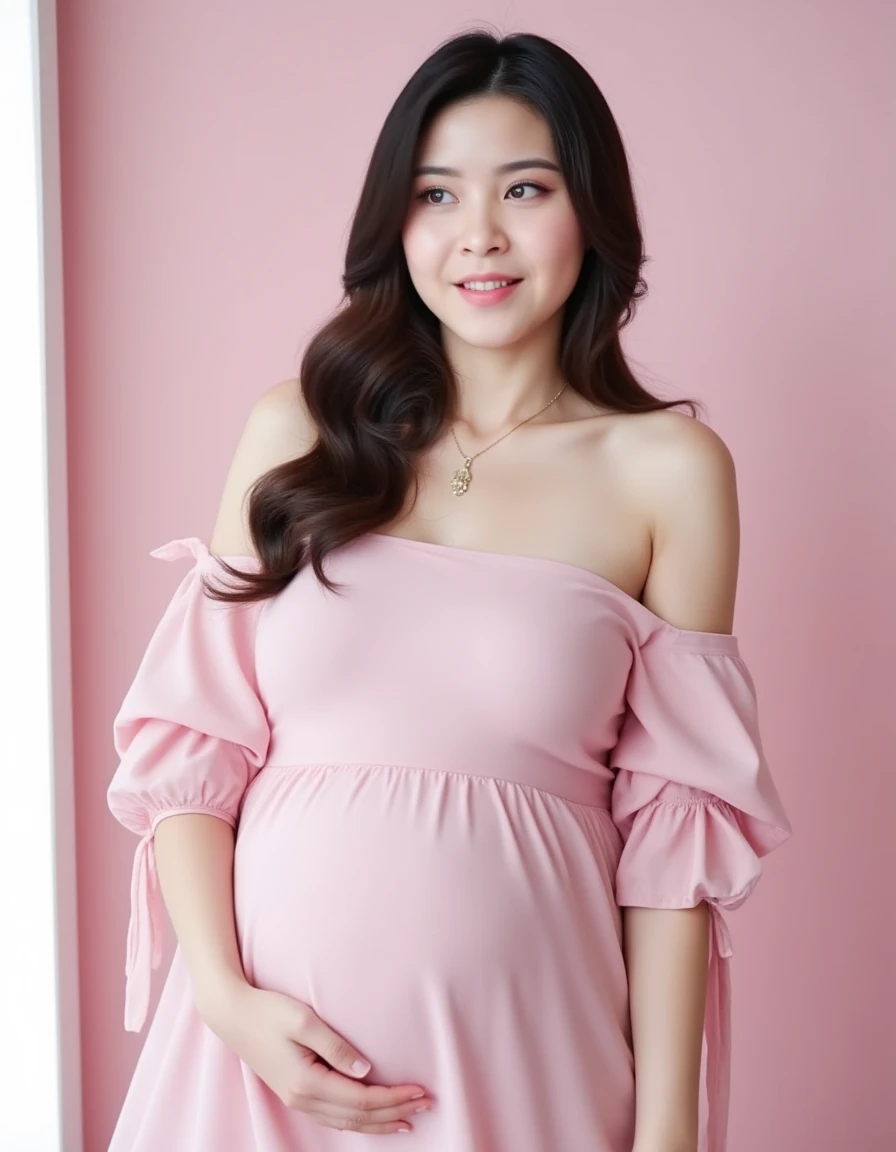 heavily pregnant woman holding her big belly wearing tight velvet maternity dress and accesories having contractions pain