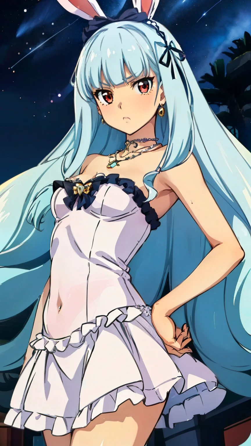 (Top quality, masterpiece, 8k), (Realistic skin texture), (anime coloring), very detailed, perfect hair style, beautiful eyes, perfect eyes, detailed eyes, perfect eyebrows, perfect face, detailed face, perfect hairstyle, ultra-detailed, detailed eyes, symmetrical eyes, (dynamic angle), sharp details, oboro,1 girl, (ta:1.6), silver hair, long hair, (((slim body))), (small breast), (thin thighs), (((short stature))), red eyes, (bad mood:1.3), beautiful eyes, hair cuffs, hair accessories, hair flaps, bunny ears, blunt bangs, solo, (nffsw), ((cabaret club dress, frill, riered skirt, necklace, jewelry, night sky)), (cowboy shot:1.4), looking at the viewer, in the center of the image, sexy poses, dynamic angles,