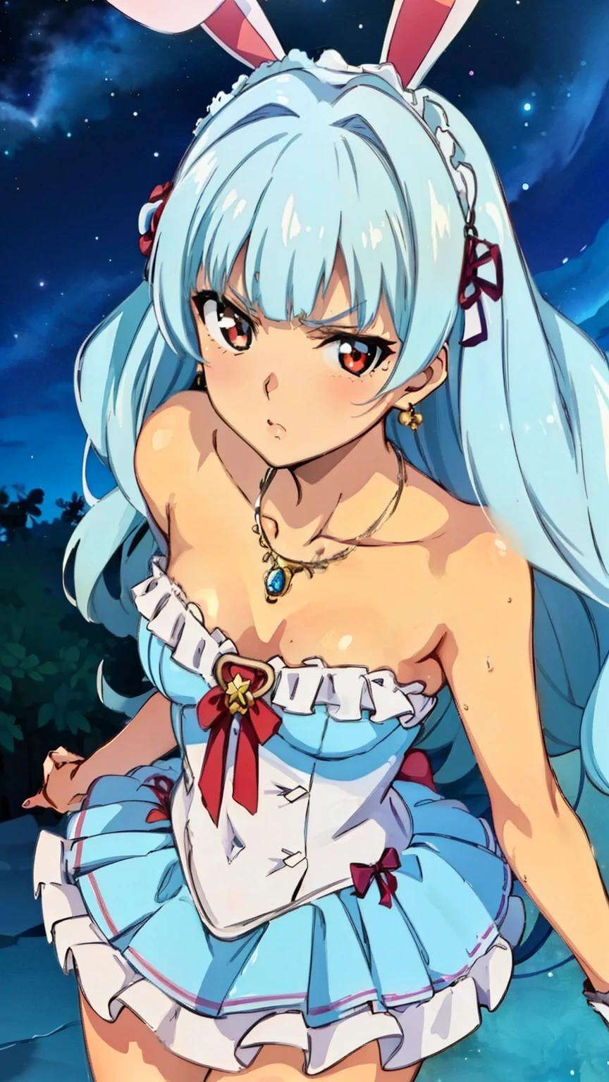 (Top quality, masterpiece, 8k), (Realistic skin texture), (anime coloring), very detailed, perfect hair style, beautiful eyes, perfect eyes, detailed eyes, perfect eyebrows, perfect face, detailed face, perfect hairstyle, ultra-detailed, detailed eyes, symmetrical eyes, (dynamic angle), sharp details, oboro,1 girl, (ta:1.6), silver hair, long hair, (((slim body))), (small breast), (thin thighs), (((short stature))), red eyes, (bad mood:1.3), beautiful eyes, hair cuffs, hair accessories, hair flaps, bunny ears, blunt bangs, solo, (nffsw), ((cabaret club dress, frill, riered skirt, necklace, jewelry, night sky)), (cowboy shot:1.4), looking at the viewer, in the center of the image, sexy poses, dynamic angles,