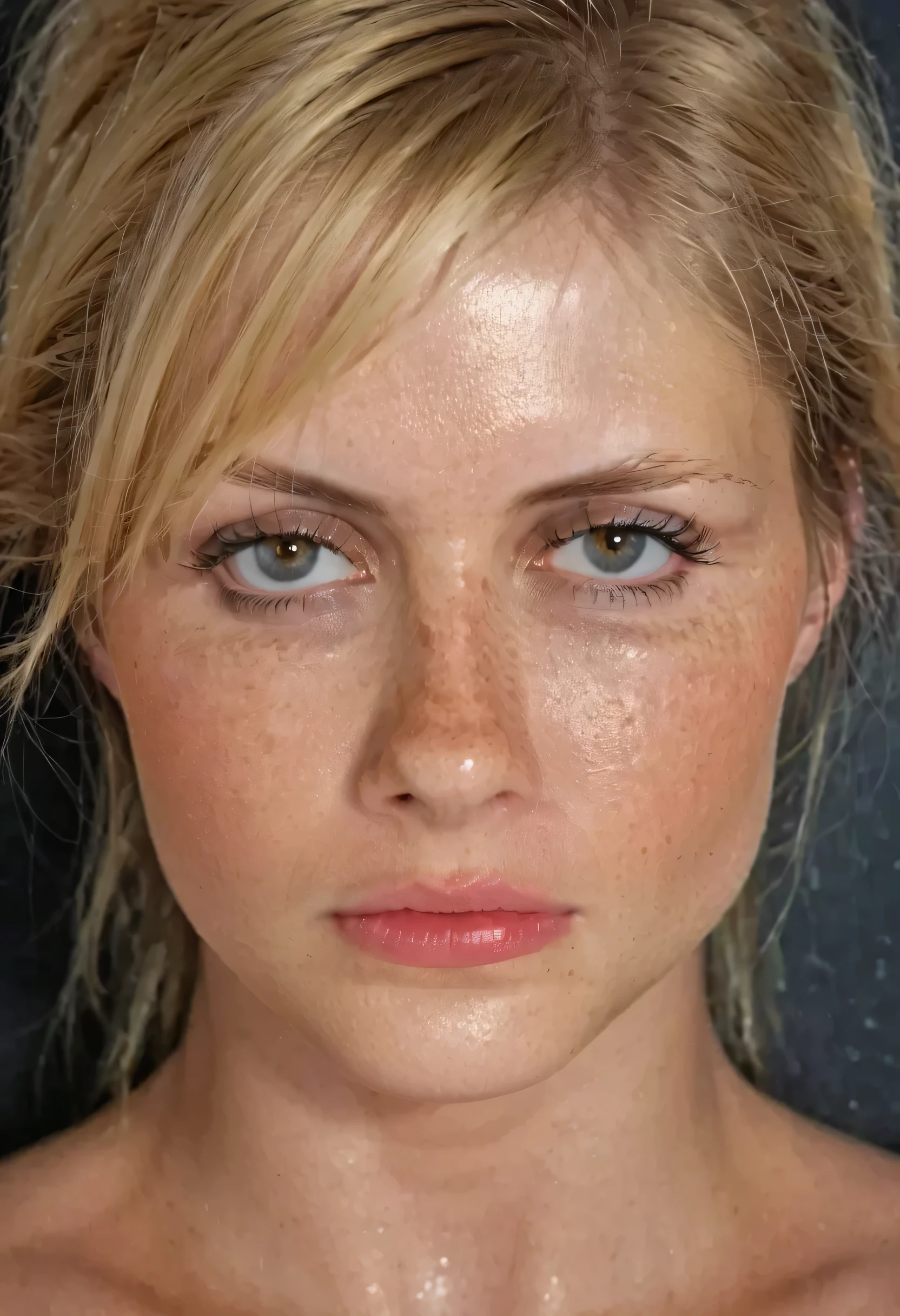 score_9,score_8_up,score_7_up, photo \(medium\), photorealism, portrait photo of a handsome 25 yo blonde female model, freckles, hyperdetailed, hyperrealism, skin details, cinematic shot, determined look, wet, lascivious, lewd, fashion photoshootm, hyperdetailed photography, looking at viewer
