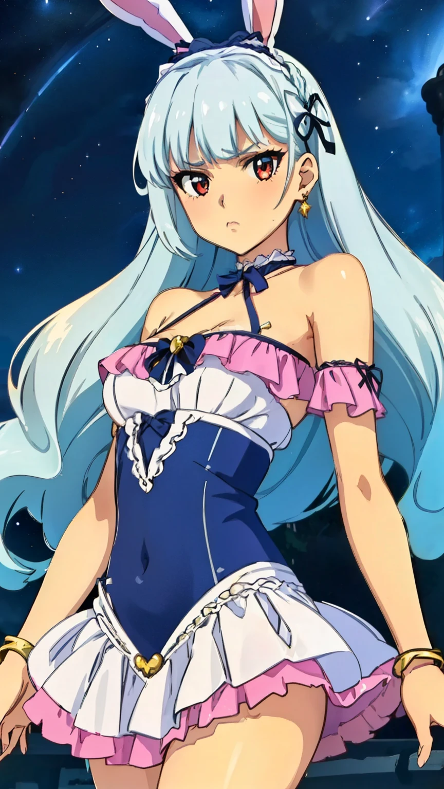 (Top quality, masterpiece, 8k), (Realistic skin texture), (anime coloring), very detailed, perfect hair style, beautiful eyes, perfect eyes, detailed eyes, perfect eyebrows, perfect face, detailed face, perfect hairstyle, ultra-detailed, detailed eyes, symmetrical eyes, (dynamic angle), sharp details, oboro,1 girl, (ta:1.6), silver hair, long hair, (((slim body))), (small breast), (thin thighs), (((short stature))), red eyes, (bad mood:1.3), beautiful eyes, hair cuffs, hair accessories, hair flaps, bunny ears, blunt bangs, solo, (nffsw), ((cabaret club dress, frill, riered skirt, halter shoulder, jewelry, night sky)), (cowboy shot:1.4), looking at the viewer, in the center of the image, sexy poses, dynamic angles,