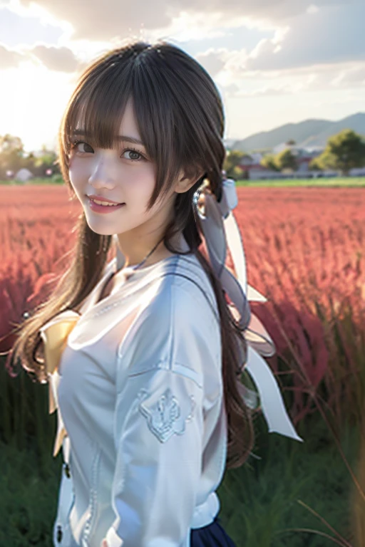 Product quality, One girl per photo, Cowboy Shot, Front view, Cute young Japanese women, Long Bob Hair, Very smiling, ((Swiss national costume)), Super cute face, Glossy Lips, Double eyelids on both eyes, Natural Makeup, shiny smooth light brown hair of Long Bob Hair, asymmetrical bangs, High resolution, Attention to detail, Detailed hairstyle, Detailed face, Cinema Lighting, Octane Rendering, Ultra-realistic, Perfect limbs, Perfect Anatomy, Black choker, Blue Eyes, Very long eyelashes, bangs, Fantasy, ((Slim body, Slim face, Cleavage)), A good attitude, Elegant, Well-bred, Big Breasts, Wheat field