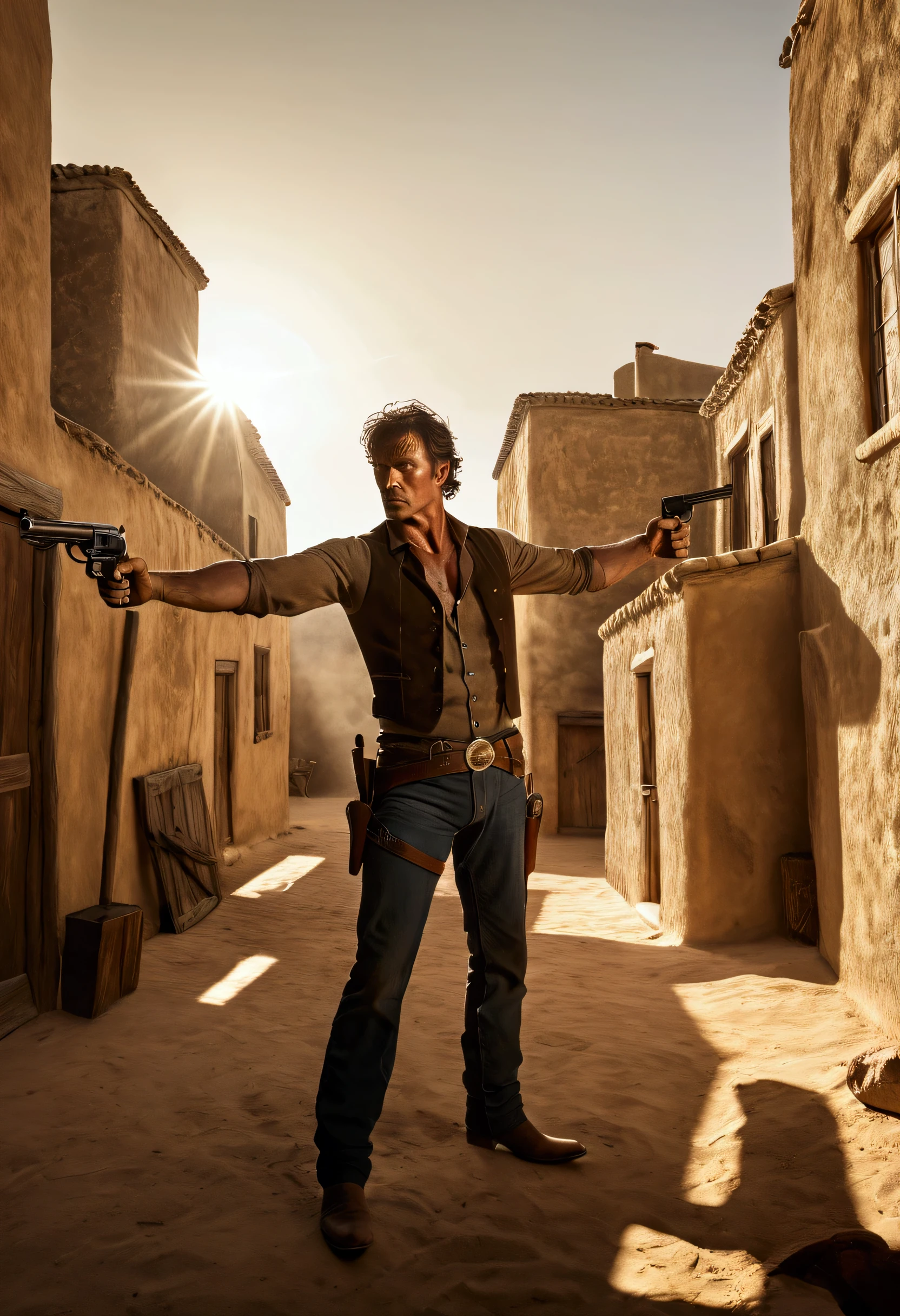 "A hyper-realistic 4K or 8K image of a male cowboy standing in a tense gun duel pose, holding a trembling pistol. His face is incredibly detailed, showcasing finely sculpted features such as intense eyes, a strong, chiseled jawline, a defined nose, and well-shaped lips. His muscular, rugged build adds to the sense of strength and determination. The expression on his face is intense, with a penetrating gaze that cuts through the viewer. The lighting is dramatic, casting strong shadows and highlighting the powerful contrasts in the image, enhancing the rugged, emotional atmosphere. The color palette is muted, with a subdued tone that complements the cinematic mood. The image conveys a high level of realism, with extraordinary detail and texture, evoking a lifelike, photo-realistic quality. The overall composition is a masterpiece, with remarkable sharpness and clarity, perfect for a dynamic, action-packed Western scene."