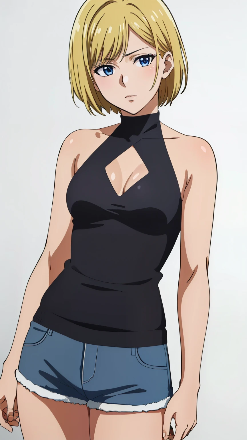 (Top quality, masterpiece, 8k), (Realistic skin texture), (anime coloring), Very detailed, very detailed, perfect face, beautiful eyes, perfect eyes, detailed eyes, feature large highlight, detailed face, ultra-detailed, detailed eyes, symmetrical eyes, (Dynamic angle), (expressionless), Sharp details, sonokata misuzu, blonde hair, short hair, (((short stature))), (small medium breasts:1.2), healthy skin, (half closed eyes:0.8), (mature face:1.4), (nffsw), (black knit, halter neck, sleeveless, off shoulder, arm, shorts), (cowboy shot:1.3), looking at the viewer, in the center of the image