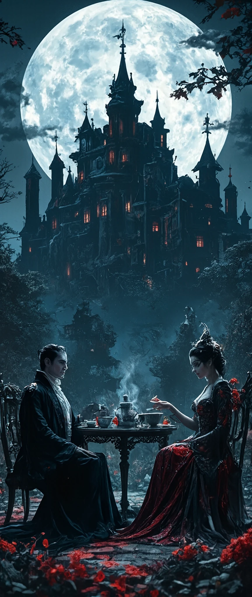 dark gothic castle, vampire count dracula and his female succubus companion enjoying tea, dramatic moonlit setting, colorful vivid gothic style, (best quality,4k,8k,highres,masterpiece:1.2),ultra-detailed,(realistic,photorealistic,photo-realistic:1.37),dramatic moonlit ceremony lighting, hauntingly beautiful, refined lines, deep rich alluring colors, japanese art style, super clear detailed, 