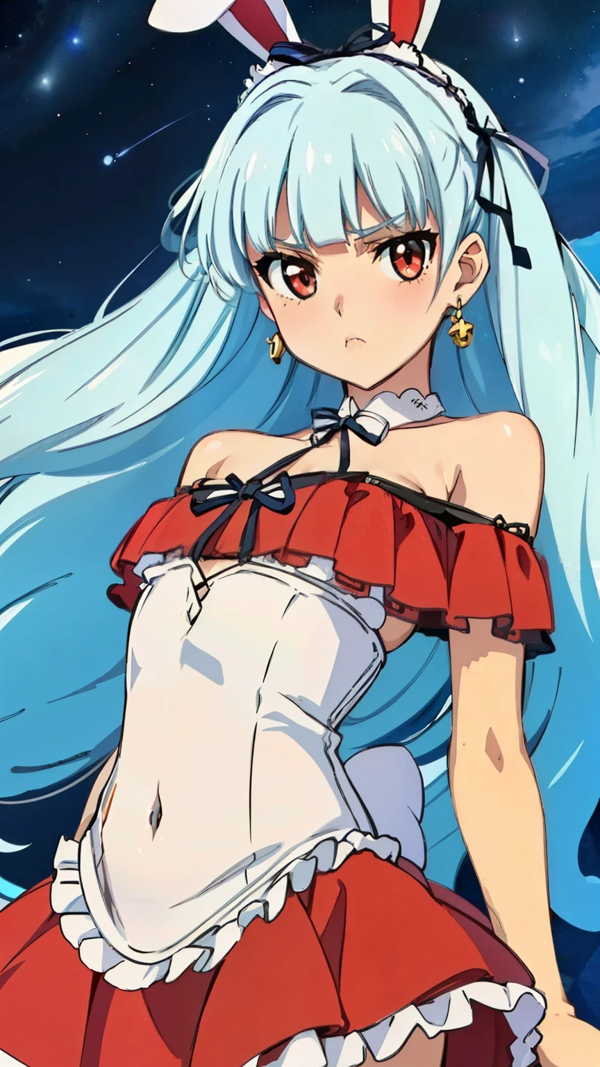 (Top quality, masterpiece, 8k), (Realistic skin texture), (anime coloring), very detailed, perfect hair style, beautiful eyes, perfect eyes, detailed eyes, perfect eyebrows, perfect face, detailed face, perfect hairstyle, ultra-detailed, detailed eyes, symmetrical eyes, (dynamic angle), sharp details, oboro,1 girl, (ta:1.6), silver hair, long hair, (((slim body))), (small breast), (thin thighs), (((short stature))), red eyes, (bad mood:1.3), beautiful eyes, hair cuffs, hair accessories, hair flaps, bunny ears, blunt bangs, solo, (nffsw), ((cabaret club dress, frill, riered skirt, halter neck, sleeveless, off shoulder, arm, jewelry, night sky)), (cowboy shot:1.4), looking at the viewer, in the center of the image, sexy poses, dynamic angles,