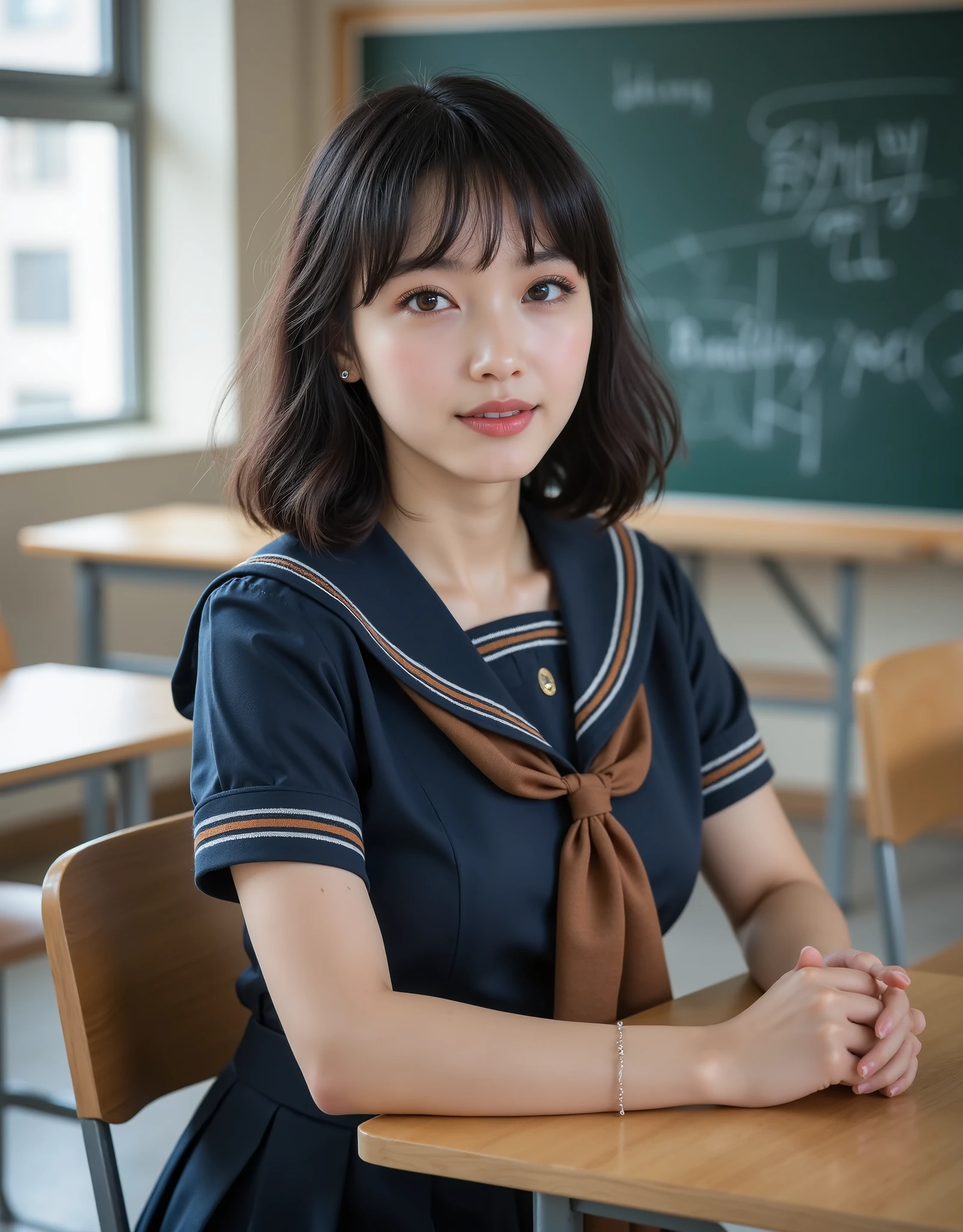 (Canon), (EOS R5), (50mm), ((( photorealistic with a sword:1.5))), (No lens flare :1.5), ((超 high resolution)), ( Masterpiece), accurate,( by Nomiな質感の肌), super detailed, high detail, high quality , Award-winning work , 最 high quality, 32K, depth of field, digital camera, award-winning glamour photo , professional lighting, (SFW), ((最 high quality:1.5)), (( Masterpiece:1.5)), (( by Nomi)), high resolution, by Nomiな影, Roughness, Real Life,( very beautiful and cute one Japanese woman ), ( cute Japanese top idol ), ((Upper body shot seen obliquely from the front :1.5)), (( upper body shot from head to knee :1.5)), (( cute 18-year-old Japanese high school girl )), (( high school classroom , desk, chair, blackboard, and window visible )), (((Navy blue short sleeve sailor suit with dark blue collar and 3 brown lines :1.8))), (((襟と胸当てが紺色で3本の茶色ラインがある半袖の紺色夏服セーラー服と dark blue flare skirt を着て椅子に座っている:1.8))), (( short sleeve navy blue sailor suit with dark blue collar and breastplate :1.8)), (( no front buttons on a sailor suit :1.8)), (( sailor suit chest is dark blue with 3 brown lines :1.5)), (( dark blue flare skirt :1.5)), ((Brown scarf for sailor suit :1.8)), ((Navy blue scarf closure :1.5)), (( no accessories:1.5)), (( No Earrings :1.5)), ((Without necklace:1.5)), ((Women's watch on her left arm )), (( a very cute high school girl who feels young )), Attractive cuteness , seductive pose holding hands, Height: 160cm, slim figure, Beautifully shaped bust, D Cup, ((少し歯が見える very cute smile:1.5)), ( alone:1.5), (There is only one person in the classroom), ( brown eyes:1.9), ( Detailed depiction of extremely realistic skin ), (Highly detailed, realistic eyes:1.9), ( extremely beautiful long realistic eyelashes ), (Highly detailed, realistic eyebrows), (丸い brown eyes :1.8), ( beautiful catchlight on the eyes), (Realistic lips with moisture ), ( white realistic teeth neatly lined up ), ( Beautiful and Detailed Face :1.6), ( hourglass shape:1.6), (Wasp waist :1.5), ( Perfectly round and beautifully shaped bust :1.8), ( clearly contoured cheekbones :1.5), ( perfect style body :1.8), (Healthy body :1.8), (Narrow shoulders:1.9), ( staring at viewers), ( Seductive Gaze ), (Beautiful, natural-looking hands), ( beautiful pink nails with a beautiful length ), ( show your hands as little as possible ), ( very cute smile:1.1), ( her stomach and navel may be slightly visible:1.4), ( dark hair medium hair :1.3), ( beautiful black hair), ( has bangs), Natural atmosphere, Very cute type, beautiful thighs, (( evening classroom )), (( with a pencil case and notebook on her desk :1.4)), (( show your hands as little as possible )), ((I can't show my feet)), blur the background, Illuminate the face, dynamic pose, beautiful body line , Beautiful, realistic skin , Art Photography, BEAUTIFUL SOFT LIGHTING, accurate手の形, accurate指の形, accurate指の数,5 fingers on one hand ,((No watermark, No signature))
