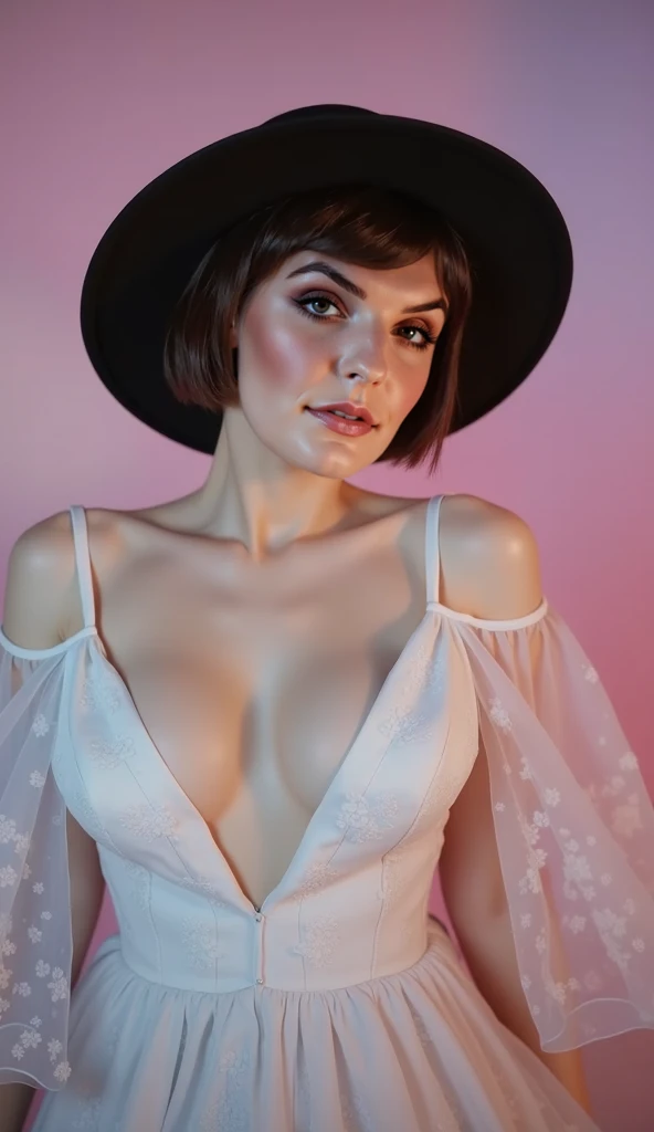 Best quality, 8k, 32k, Masterpiece, UHD:1.2),Photo of Pretty Francaise woman, similar to Jane Birkin, large breasts, very short bob hair,upper body,face focus,oversized_sweater, necklace, simple background, from above, looking at viewer,