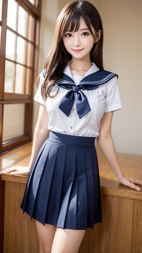 Japanese, high school girl, pure, brown eyes, smiling face, young face, long black hair, long straight black hair, white hairband, light blue and white short-sleeved sailor uniform, blue pleated skirt, black socks, blue shoes, school, inside the classroom, standing by the window, seaside park, blue sky and white cumulonimbus clouds