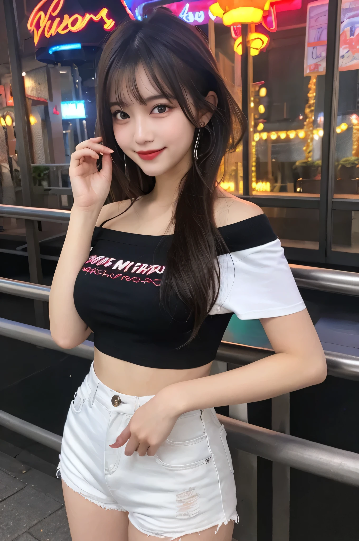 Pink and vibrant colors, (multicolored hairs), There is cleavage in the open shirt, very detailed eyes and face, Beautiful eyes in detail, long eyelashes, narrow eyes, elongated eye shape, Double Eyelids, Cyberpunk 25, perfection, smile, Brooklyn Bridge, Short short skirt, heavy metal inspired, White and gold crop top, heavy makeup, (fashionable mode girl:1.1), (artistic composition photo:1.3), Three adult woman are posing in the classroom, Leather protection on the left arm with intricate graphics, Dark red with white stars and white and navy checkered pattern, intricate design, tattoos, piercings, rainbow colored bangs, (chubby),