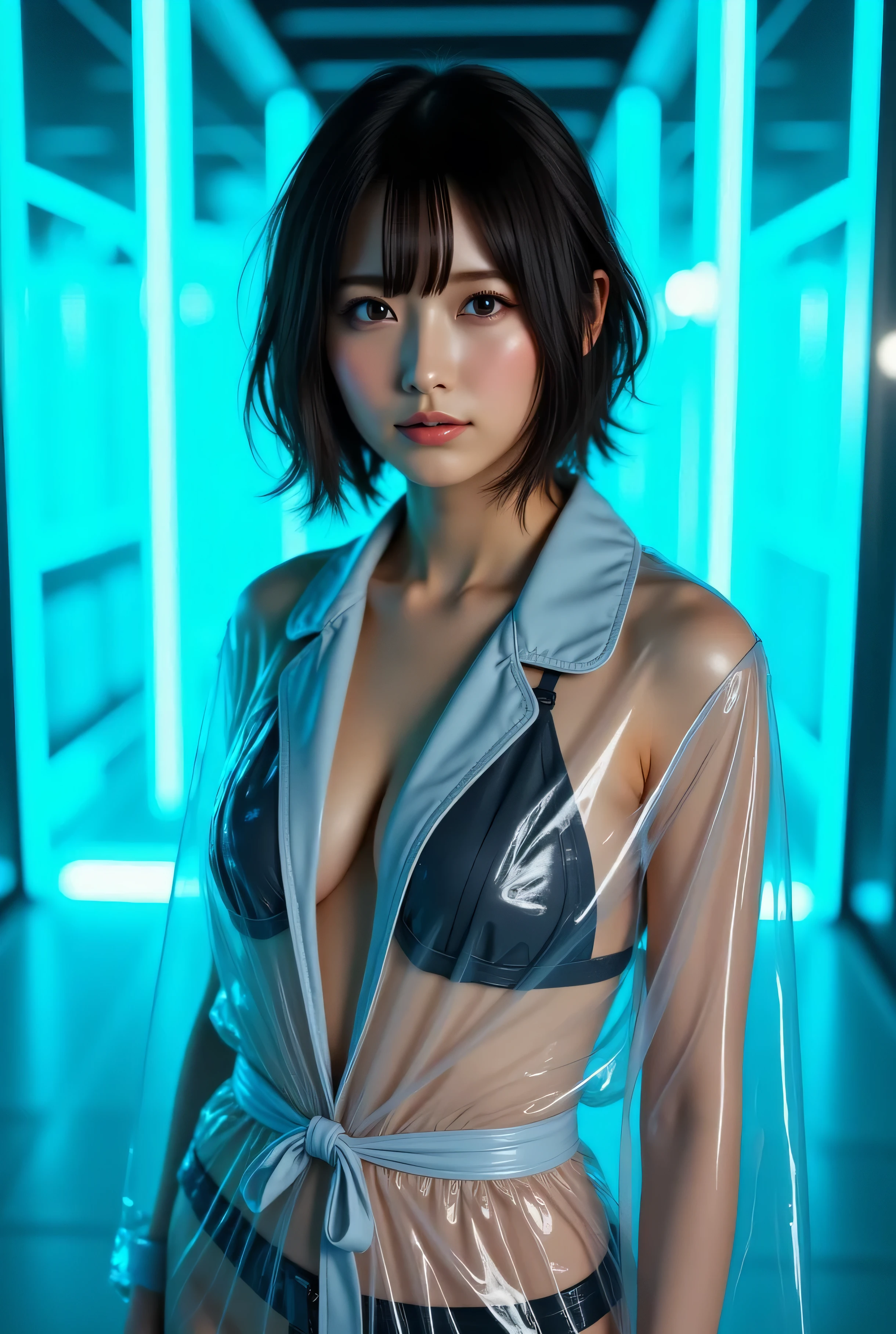 dark haired woman is standing in front of cyan light, in glossy transparent plastic futuristic raincoat, short hair, volumetric lighting, cinematic angle, glamour vibrant,
