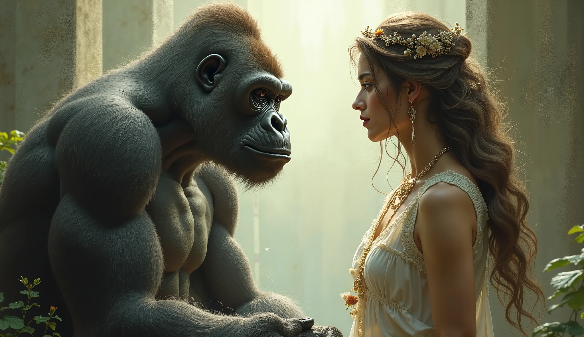 Araffe and a woman in a white dress standing next to a gorilla - SeaArt AI