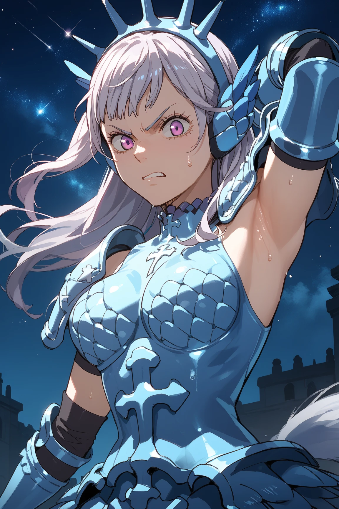 (((masterpiece))), best quality,(noelle_silva),long hair ,twintails,purple eyes,silver hair, bangs, ((water_armor)), earring, wings, blurry background, crown, valkyrie, armored dress, angel, night, holding water sword, fighting stance