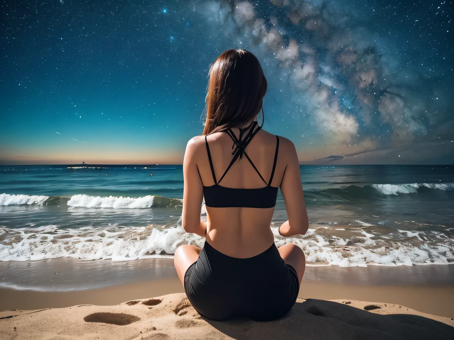 Tabletop, (highest quality), 23 years old,Very detailed, finely, (High resolution), (8k), ((Perfect rear view composition)), (Natural color lip),(ponytail:1.3),((女の子がsitting in a hammock on the beach)),(sitting barefoot on the sand:1.3),((light red bikini)),((Fitness Shorts, Light blue),((whole body:1.3),,((shrapnel:1.3)),((Perfect rear view:1.3)),((The magnificent Milky Way floating in the night sky)),((Pose with your arms raised above your head)),(look back and smile),((Thigh ribbon)),((Big Ass)),((Ample breasts)),(Full and firm breasts),(Small Pareo),