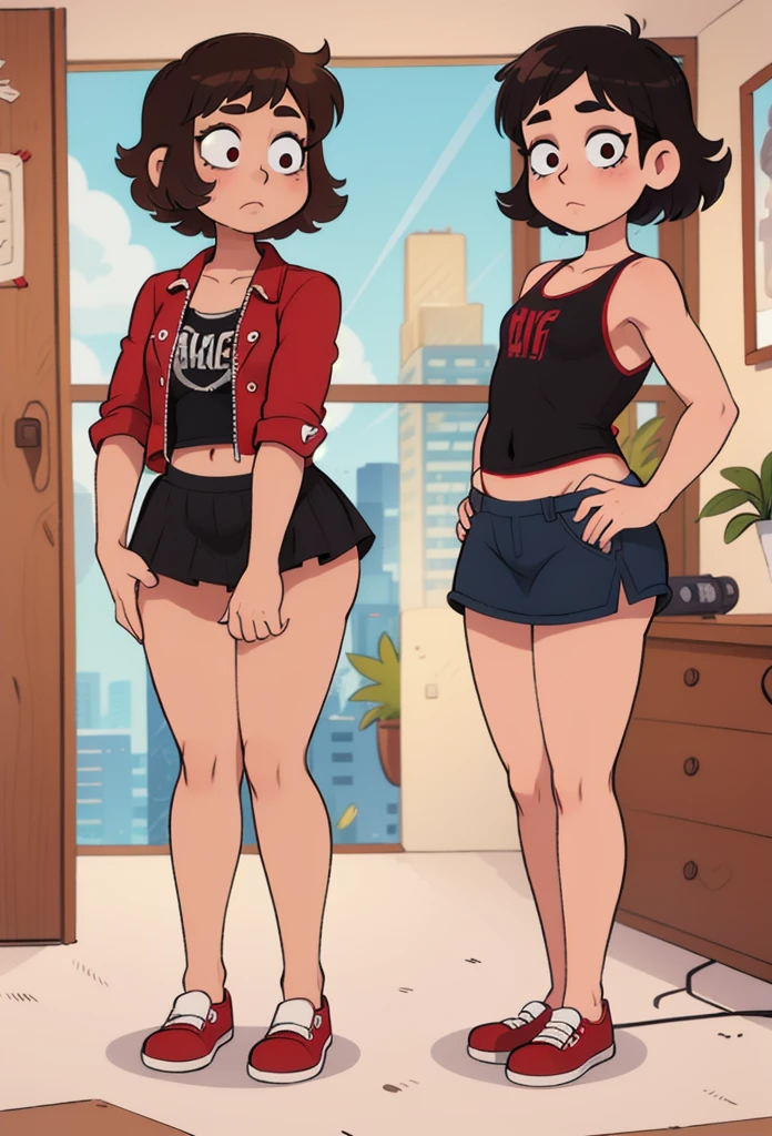 Ralph Bakshi Style, tall skinny:2.0 brunette with dark_shoulder-length_hair and black_glasses, nudity:1.5, (extreme nsfw):2.5, torn tanktop, (flatchested):2.5, lewd:2.0