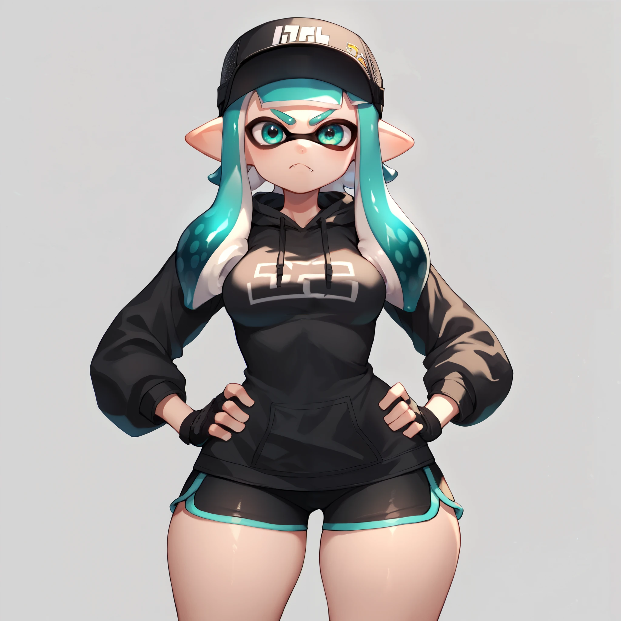 1girl, inkling girl, solo, turquoise hair, turquoise eyes, medium breasts, wide hips, thick thighs, black cap, black oversized hoodie, black biker shorts, black fingerless gloves, serious, fang, cute, hands on hips, standing, looking at viewer, simple background, from the front view