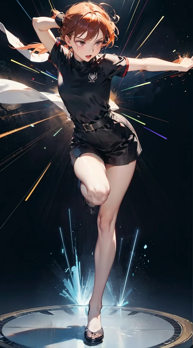 8K, top quality, masterpiece, high definition, ultra high definition, 1 girl, 18 years old, (wearing white vacuum fluoroscopy uniform: 1.5), white mini skirt, wet white underwear, solo, (full body), (brown hair), (spread legs), black eyes, beautiful and delicate eyes, delicate skin, slim body, big breasts, thin thighs, feet in leather boots, fireworks background, (front), looking up into the lens, lower abdomen, background blur, Focus on depth of field