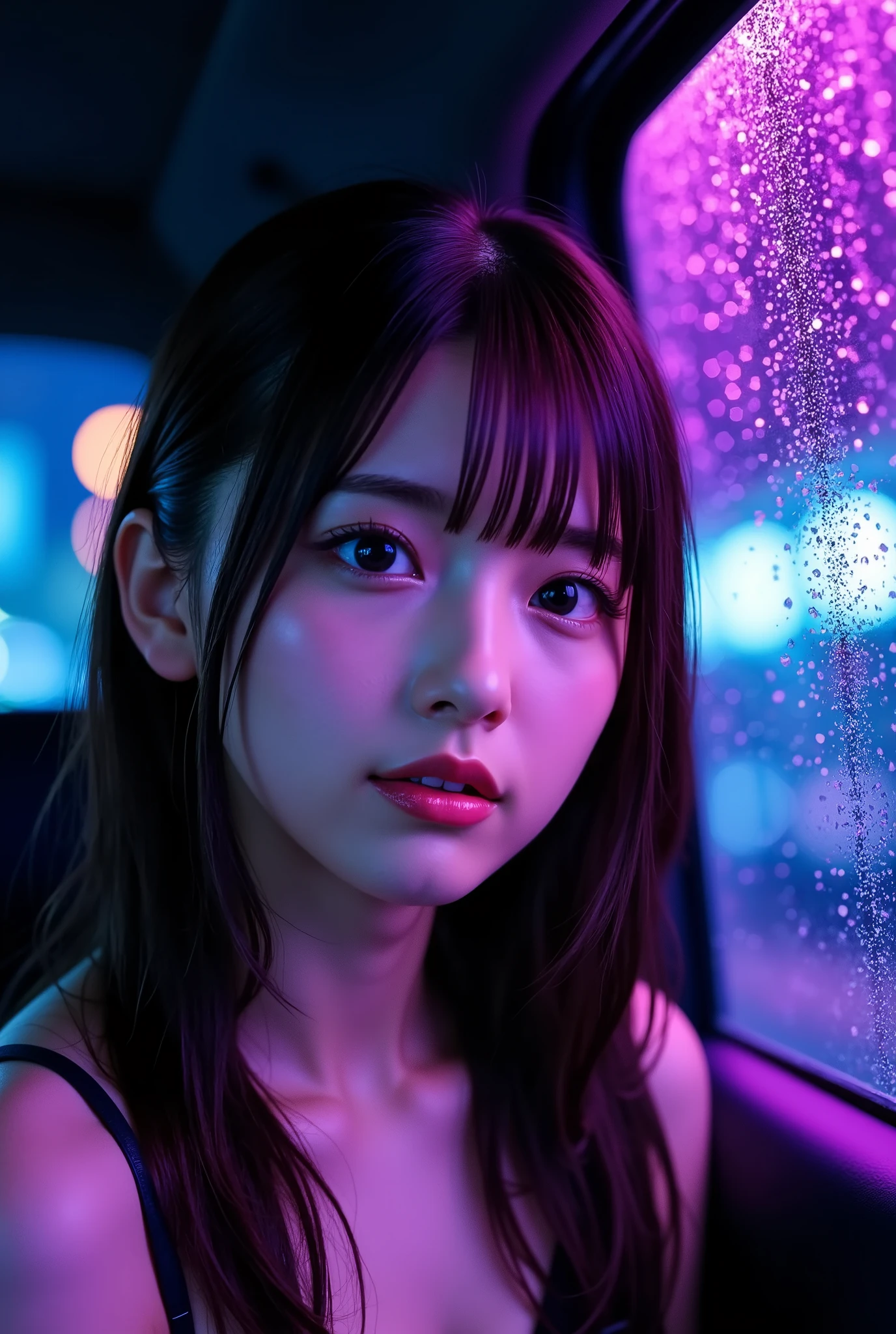 A fashion editorial, front view, young woman sitting in car and looking out window in wet rainy night and purple and blue neon lights, highres, realistic photo, professional photography, cinematic angle, dynamic light back shining, bokeh,