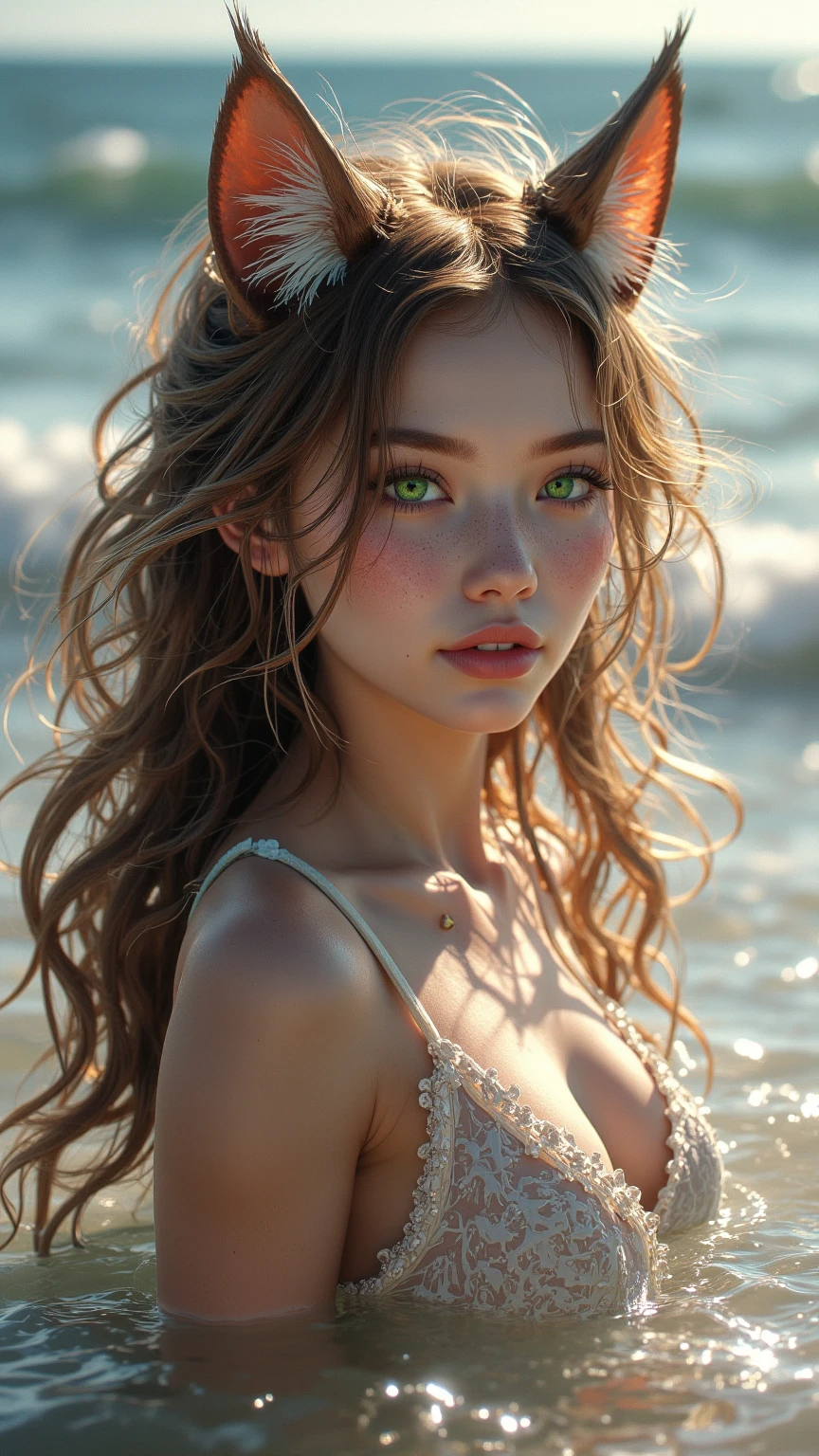 (sharp focus:1.2), photo, attractive mixed woman, (beautiful face:1.1), detailed eyes, luscious lips, (cat eye makeup:0.85), (large eyes:1.0), (toned body:1.2), (curly hair:1.2), wearing (sundress:1.2) sitting on a (beach:1.2). (moody lighting:1.2), depth of field, bokeh, 4K, HDR. by (James C. Christensen:1.2|Jeremy Lipking:1.1), body freckles, green eyes, freckles, beauty marks, sandy skin, sand on skin
