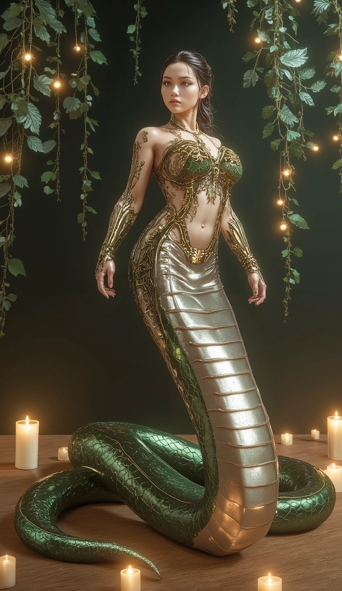 Create an image of a snake woman. She has a human upper body, with long flowing hair and an elegant, graceful expression. Her eyes are sharp and captivating, with a slight glow. Her lower body transforms into that of a large, coiling serpent, its scales glistening with shades of deep green and gold. The serpent tail should be long, twisting and fluid, with intricate scale patterns that reflect light. She stands tall in a mystical forest, her posture exuding both beauty and strength, surrounded by soft glowing lights to enhance the magical atmosphere.