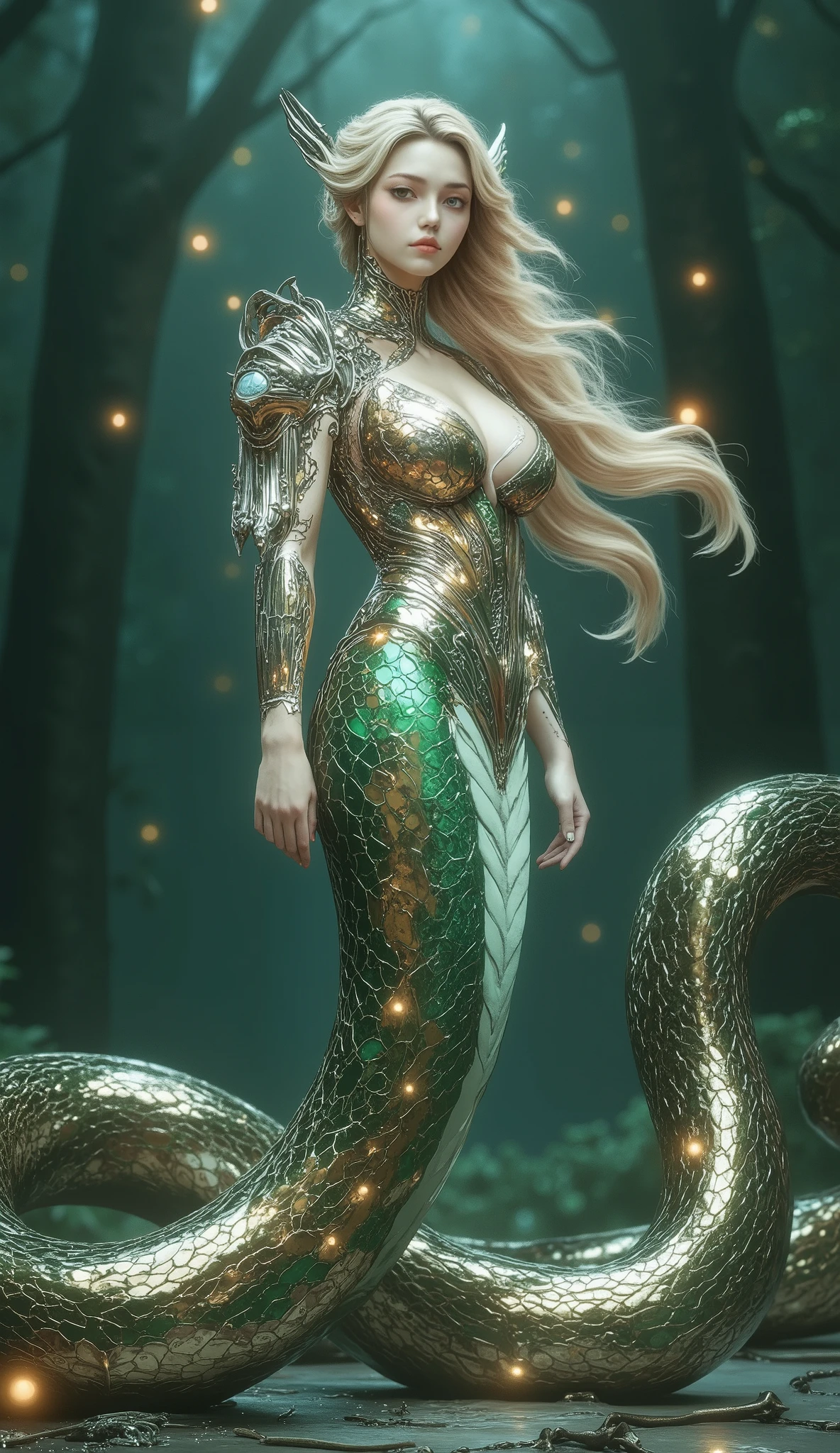 Create an image of a snake woman. She has a human upper body, with long flowing hair and an elegant, graceful expression. Her eyes are sharp and captivating, with a slight glow. Her lower body transforms into that of a large, coiling serpent, its scales glistening with shades of deep green and gold. The serpent tail should be long, twisting and fluid, with intricate scale patterns that reflect light. She stands tall in a mystical forest, her posture exuding both beauty and strength, surrounded by soft glowing lights to enhance the magical atmosphere.