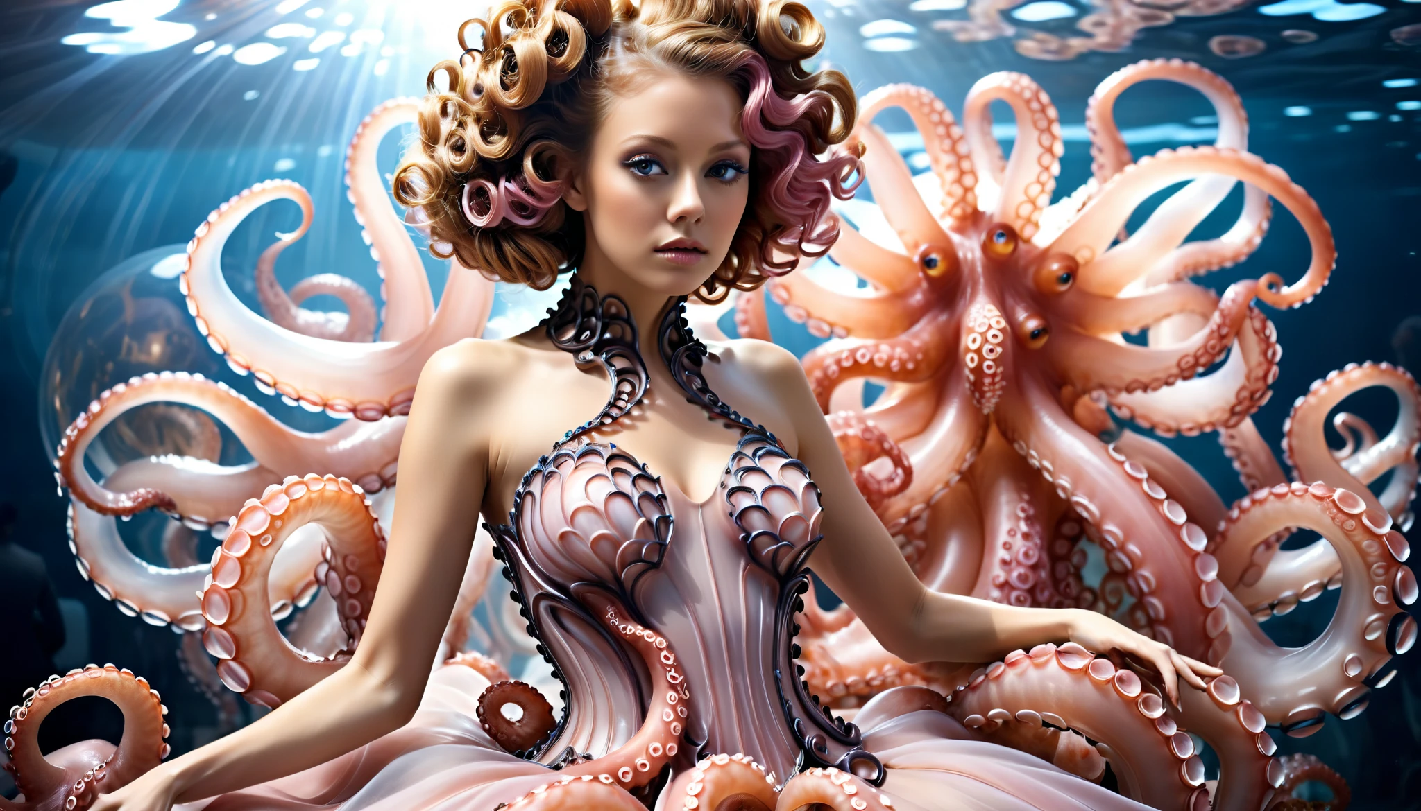 (((full body))) Long exposure photo of a woman in a dress with octopus tentacles , intricate costume dress , Beautiful Octopus Woman , avant-garde fashion model , high fashion fantasy , Haute Couture Haute Couture , haute couture, absurd wavy bubble on a dress , Inspired by Alexander McQueen , an intricate dress , a woman with pink hair and a modern dress , Medusa female, long hair, Retrato de uma science fiction woman, Beautiful Octopus Woman , science fiction woman, blurry motion , Streaks of Light, surreal, Dreamer, ghost effect, realism taken to the extreme , fine texture, incredibly realistic , Extremely high resolution details , realism taken to the extreme , fine texture, incredibly realistic . blurry motion , Streaks of Light, surreal, Dreamer, ghost effect,