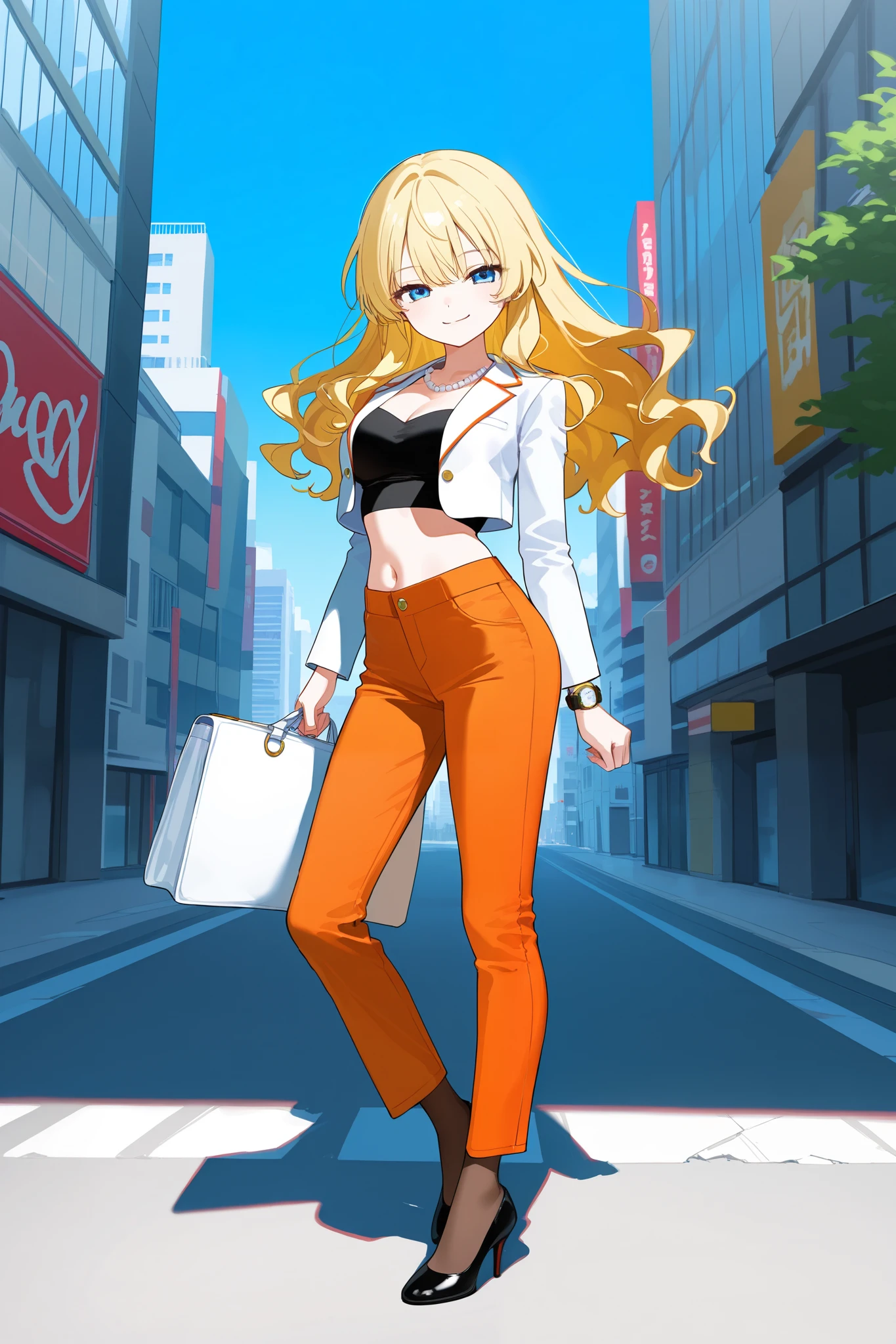 masterpiece, best quality, high quality, detailed, highly detailed, professional quality, BREAK, front view, full body, BREAK, 1girl, tall stature, slim, long hair, gold hair, wavy hair, BREAK, moonlight-blue eyes, deep-set eyes, seductive expression, straight nose, BREAK, medium breast, navel, BREAK, BREAK, cropped shirt under blazer, pearl white blazer, (vermilion) cropped shirts, BREAK, cropped pants, orange pants, BREAK, pumps, stockings, BREAK, watch, BREAK, holding Kelly bag by hands, white bag, necklace, BREAK, seductive smile, looking at viewer, standing, posing, BREAK, blue sky, city, bustling Tokyo street