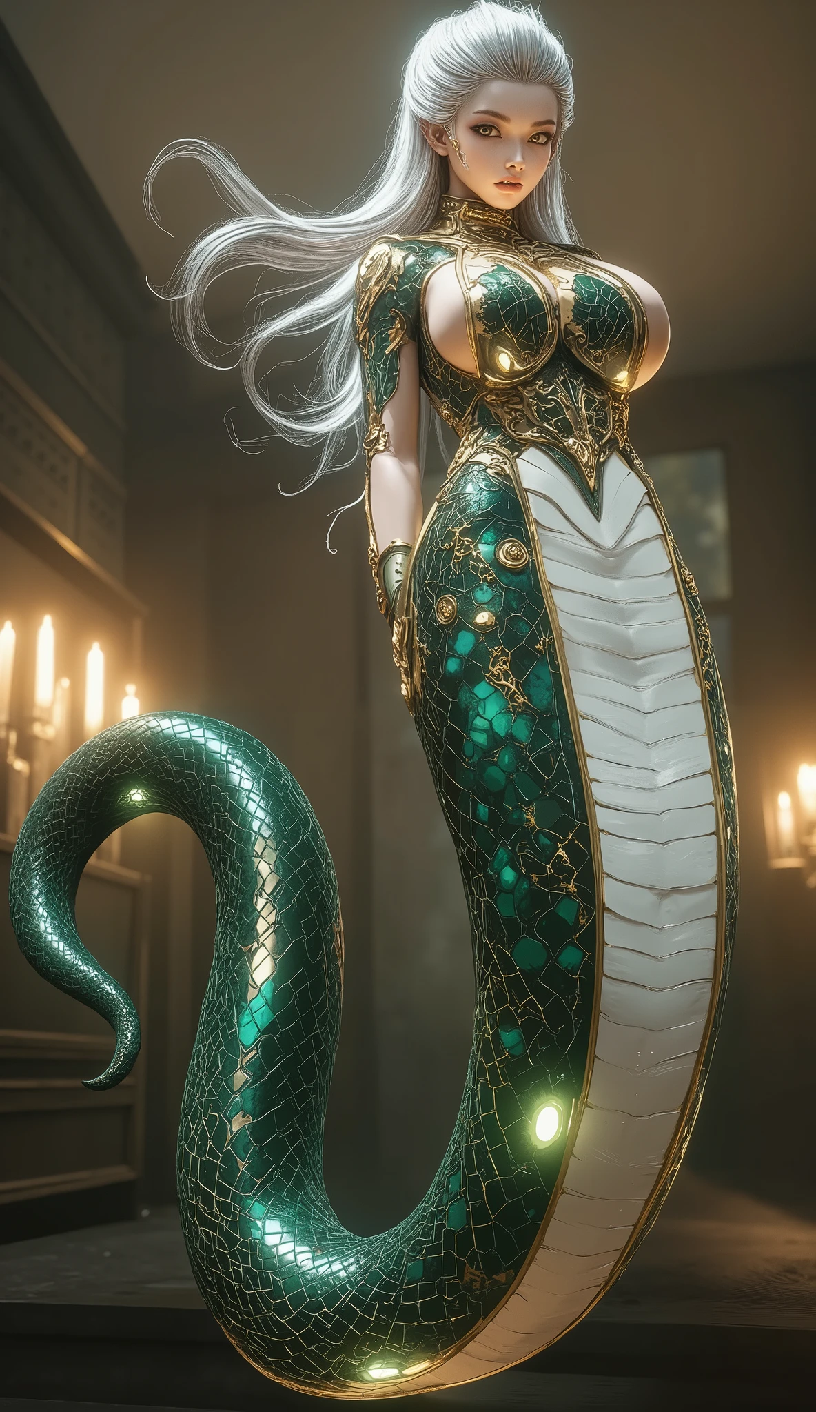 Create an image of a snake woman. She has a human upper body, with long flowing hair and an elegant, graceful expression. Her eyes are sharp and captivating, with a slight glow. Her lower body transforms into that of a large, coiling serpent, its scales glistening with shades of deep green and gold. The serpent tail should be long, twisting and fluid, with intricate scale patterns that reflect light. She stands tall in a mystical forest, her posture exuding both beauty and strength, surrounded by soft glowing lights to enhance the magical atmosphere.