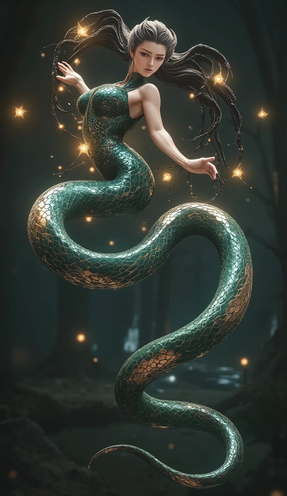 Create an image of a snake woman. She has a human upper body, with long flowing hair and an elegant, graceful expression. Her eyes are sharp and captivating, with a slight glow. Her lower body transforms into that of a large, coiling serpent, its scales glistening with shades of deep green and gold. The serpent tail should be long, twisting and fluid, with intricate scale patterns that reflect light. She stands tall in a mystical forest, her posture exuding both beauty and strength, surrounded by soft glowing lights to enhance the magical atmosphere.
