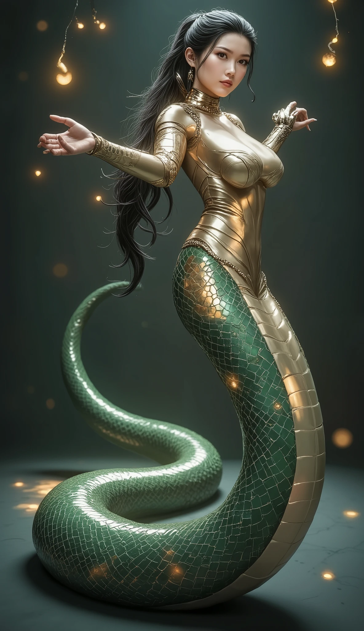 Create an image of a snake woman. She has a human upper body, with long flowing hair and an elegant, graceful expression. Her eyes are sharp and captivating, with a slight glow. Her lower body transforms into that of a large, coiling serpent, its scales glistening with shades of deep green and gold. The serpent tail should be long, twisting and fluid, with intricate scale patterns that reflect light. She stands tall in a mystical forest, her posture exuding both beauty and strength, surrounded by soft glowing lights to enhance the magical atmosphere.
