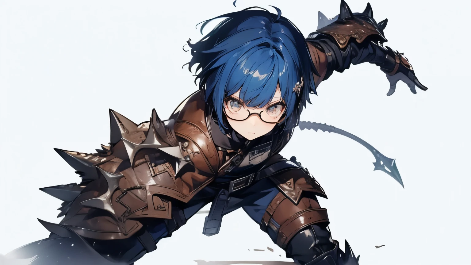 Beauty , masterpiece, (Glasses), (( Low Technology :1.3)),((Leather clothing:1.3)),( Battle Costume), (( Monster Hunter cosplayer:1.3)), (( short hair:1.2)),( Battlefield-like :1.2), big sword:1.2, muscular, ((Combat Stance)),(( dynamic action :1.3)),Glasses、 (( slender body:1.3)),( perfect body) (( Viewer)), ( Details),( big eyes), ( sharp),( clean skin), ((Visual beauty)) Glasses、 short hair、Blue Hair Color、 Curly Hair、 white background