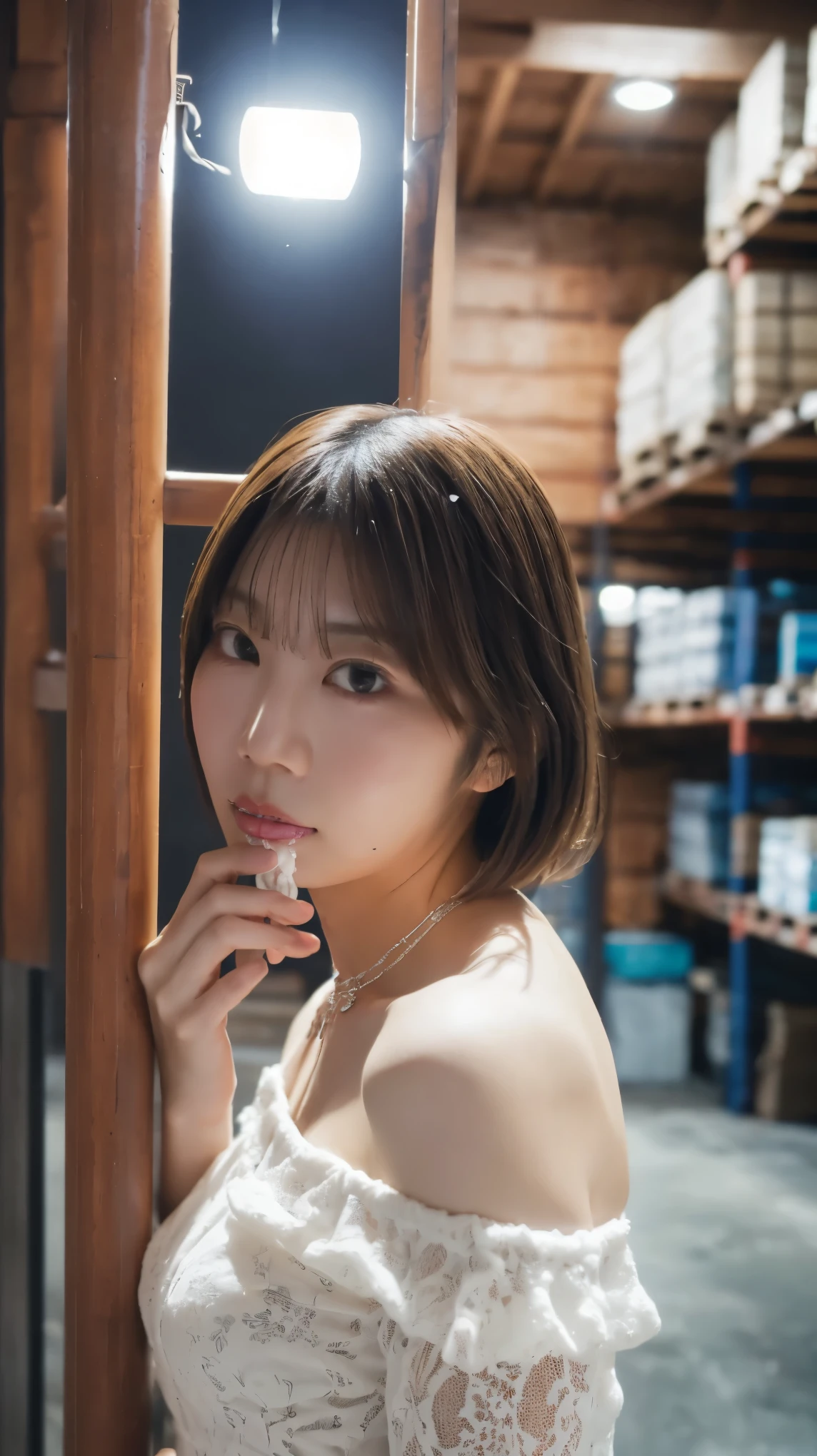 high-resolution photograph of an adult Japanese woman taken inside the port warehouse at night, Photoreal, Masterpiece, GREAT QUALITY, intricate details, Professional Lighting , fashion shoot, Alone, 1 girl, ( off shoulder dress :1.2), upper body, With bangs、straight medium black hair, detailed face, Fine grain , surprised face, necklace, jewelry, (Fingers touching her lips , detail hand ), ( white semen in her mouth , open your mouth :1.4), raise chin, looking up at the camera, 屋内で, luxury hotel room,