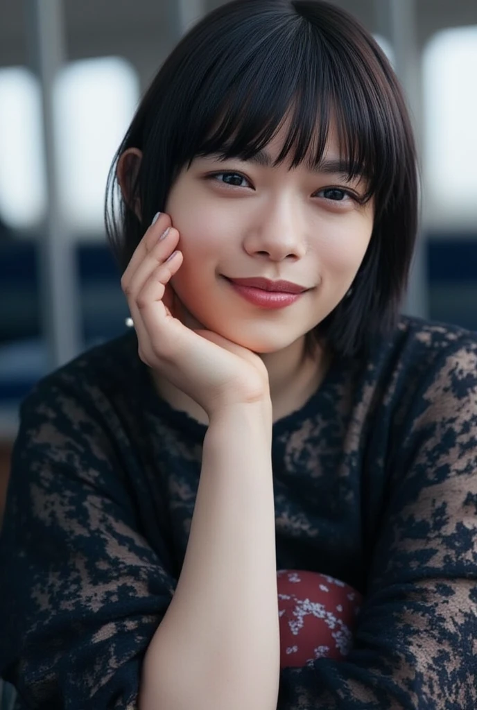 (highest quality,masterpiece:1.3,Ultra-high resolution),(Super detailed,Caustics,8k), (Photorealistic:1.4, RAW shooting),Inside the room,Japanese,20-year-old,smile,Black short hair,Black Shirt,Bust up shot,Face Focus,Face close up,Natural light,Professional Lighting