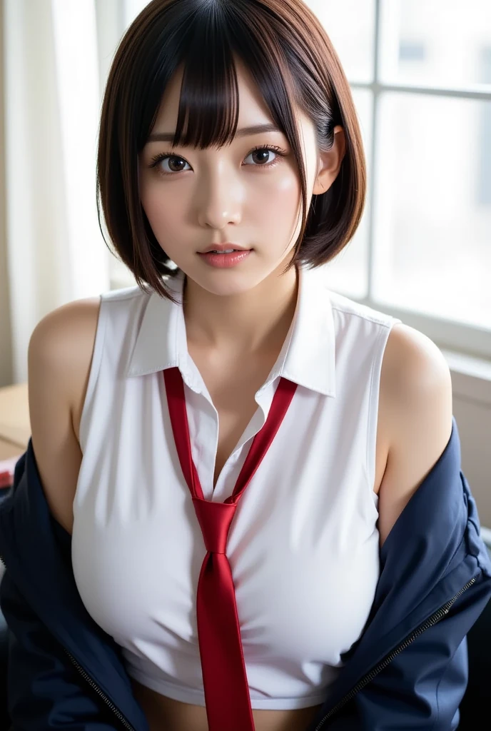 masutepiece、top-quality、ultra-definition、((a 18 year old girl、Beautiful detailed girl))、Smile、short-hair、beautiful detailed eyes and face、extremely detailed eye、Well-formed and cute face:1.2、japanes、goddess of Japan、small head、with round face、hight resolution、tre anatomically correct、accurate depiction、crossing legs and Sitting on the desk、Young gravure idols、poseing、校服、White shirt、Blue skirt、Red tie、White pants、You can see the pants here、bare-legged、large full breasts、Perfect body、good hands good feet、masutepiece、Over Head Shot