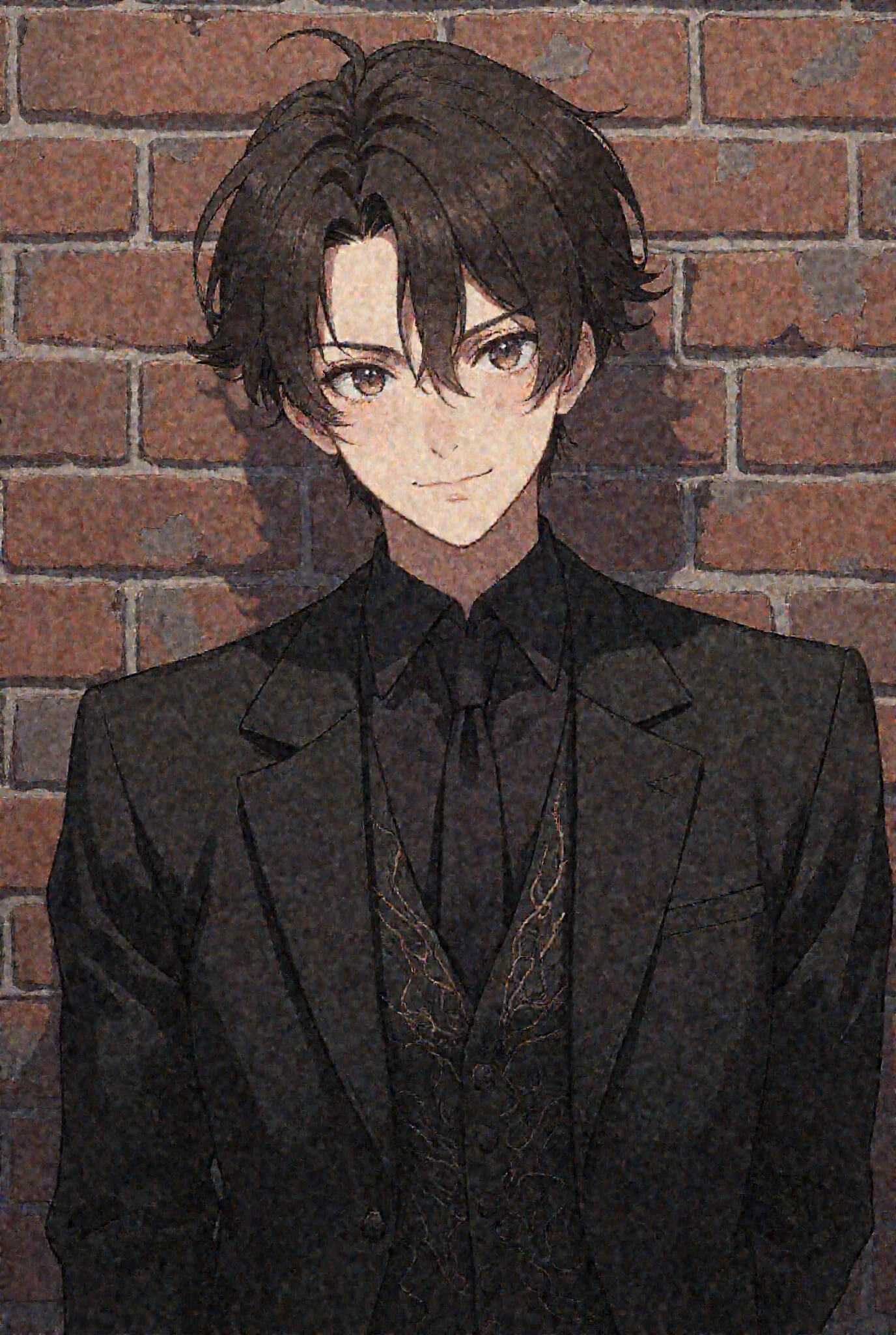 (masterpiece:1.2), best quality, expressive eyes, perfect eyes, perfect face, a man dressed with intricated black suit with black shirt and black tie,anime style, confident smile, dark_brown hair, hispanic, very short hair, 1man, upper body,at brick wall, brown_eyes,