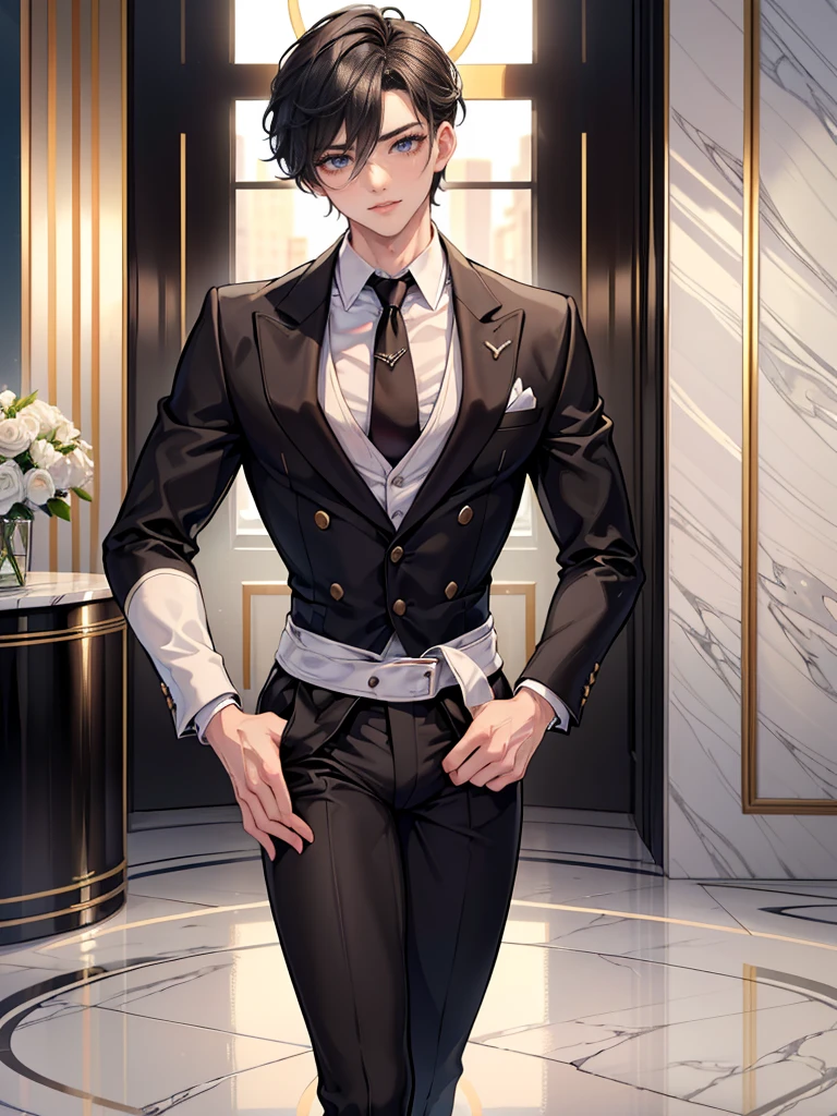 1 boy, male, solo, mafia boss, suit, nardack, (showing off panties)), blush