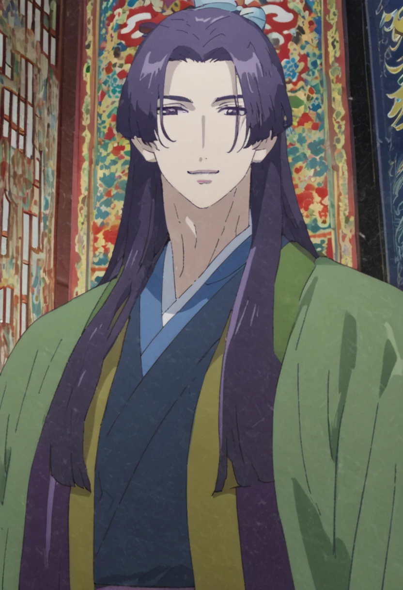 score_9, score_8_up, score_7_up, ((mononoke)), handsome, japanese clothes, long sleeves, bright colorful background, mononoke style background, kimono, 1boy, solo, male focus, jinshi, purple hair, long hair, purple eyes, smile, looking at view, high quality, HD, Perfect face, masterpiece,