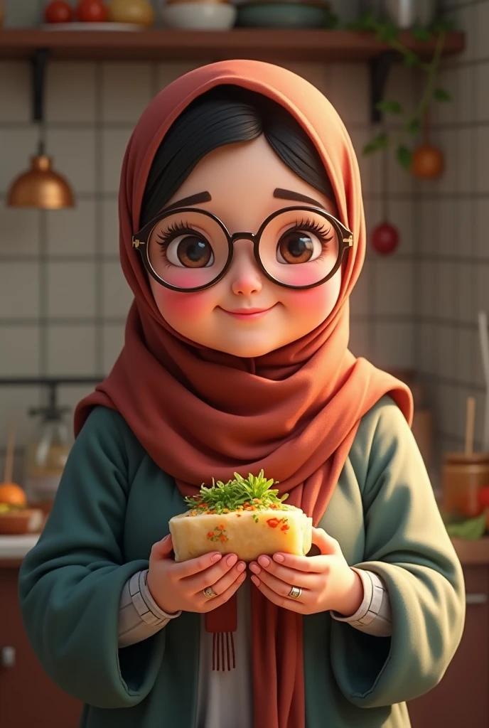 3DMM, ((Masterpiece, best quality, photography, detailed skin, realistic, photo-realistic, 8k, highly detailed, full length frame, High detail RAW color art, diffused soft lighting, shallow depth of field, sharp focus, hyperrealism, cinematic lighting, hijab, a woman in a beautifully makeup, smokey eyeshadow, beautiful big eyes, long eye lashes, round glasses, wearing (blue satin hijab), loosely tide hijab style, ((black satin shirt)), satin long maxi skirt, cooking in flameless kitchen, orange teal colour grading