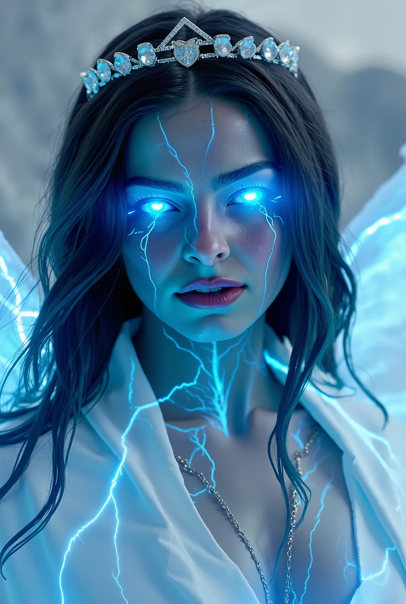 (((shining blue electric eyes))), extremely hot and beautiful angelic girl with electric white wings, (((glowing with electricity blue veins))), blue glowing veins, glowing veins, bright glowing veins, long flowing dark black hair, white pale skin with blue tattoos and markings, low white almost transparent medieval robes, gracious face, detailed fantasy portrait, exquisite mystical valkyrie, mountain temple background, silver tiara, hyperrealistic, octane render, piercing eyes, delicate features, dramatic lighting, vibrant colors, highly detailed, cinematic composition, masterpiece, 8k, upper body only