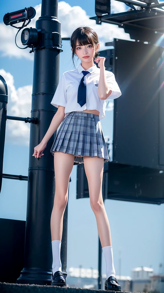 (8k, RAW photo, best quality, masterpiece:1.3),(realistic,photo-realistic:1.37),(night),(looking at viewer:1.331),(white hair),posing,Tokyo street,nightcityscape, cyberpunk city,soft light,1girl,extremely beautiful face,bust,put down hands,Random hairstyle,Random expression,big eyes, ,lower abdomen,(short-sleeved
JK_shirt),JK_style,(dark blue JK_skirt) ,(bow JK_tie),mix4