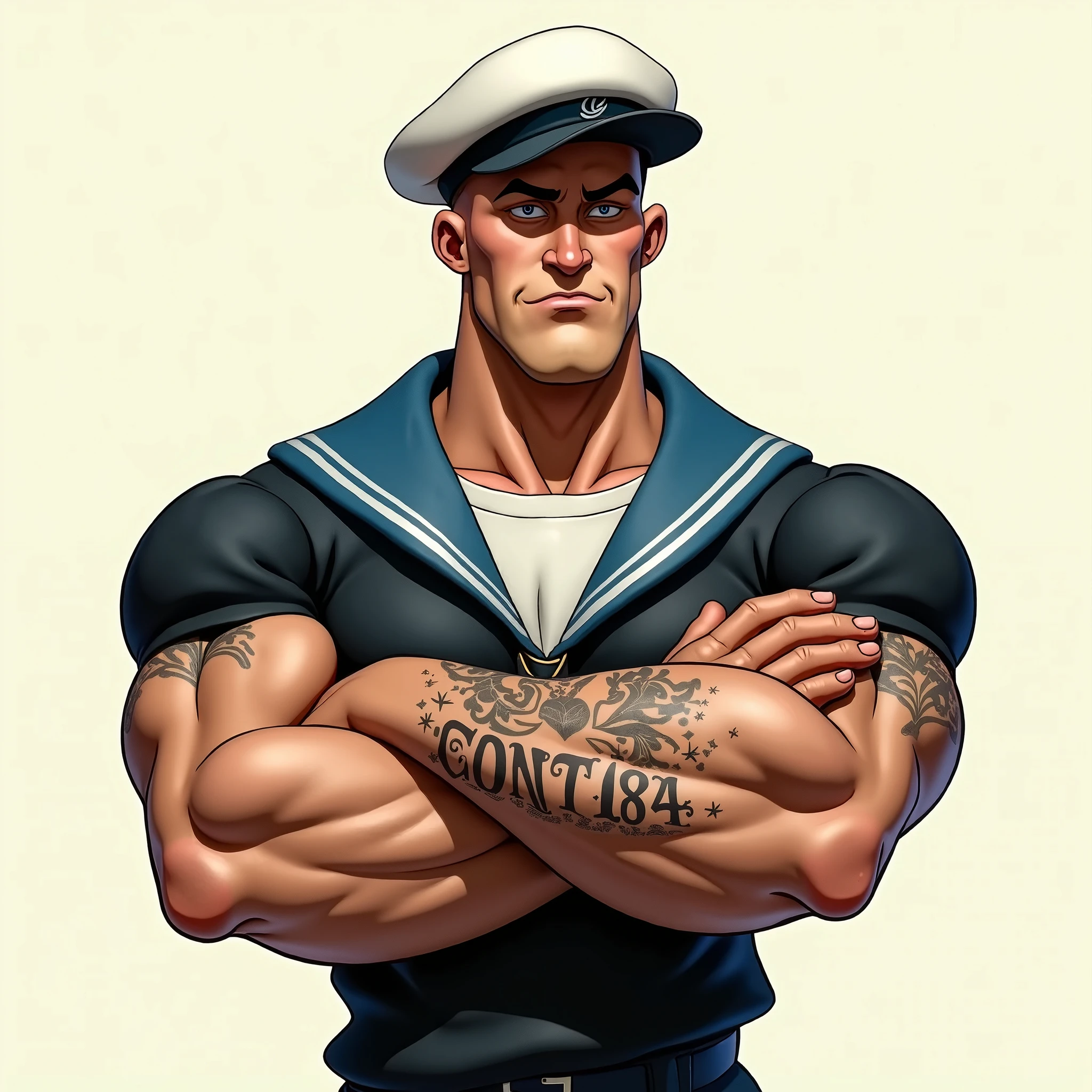 a muscular sailor, strong and powerful, wearing a black outfit, disproportionately large arms, muscular arms, sailor cap, smoking cigar, cinematic lighting, dramatic shadows, photorealistic, highly detailed, hyper realistic, 8k, masterpiece