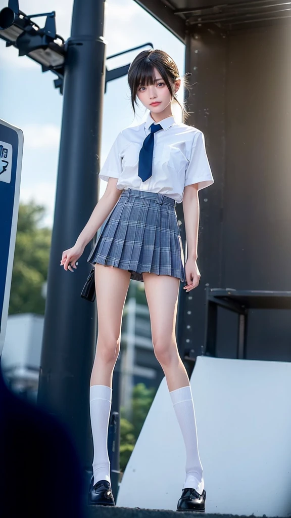 a 18 year old girl、a small face、Alafed Asian girl in uniform standing on sidewalk, a girl is standing, Teeth visible with a smile、The body is turned forward、Plaid super mini skirt、Realistic Young Gravure Idol, a hyperrealistic schoolgirl, taken with sony alpha 9, Japan beautiful girl, Young Gravure Idol, a hyperrealistic schoolgirl, Young Pretty Gravure Idol, (From below:1.4),