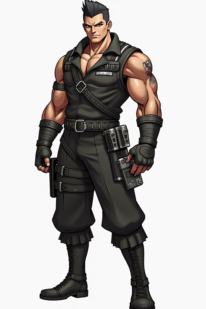 muscular mercenary, holding and firing weapon, assault rifle, brown hair, crew cut, spiky hair, facial hair